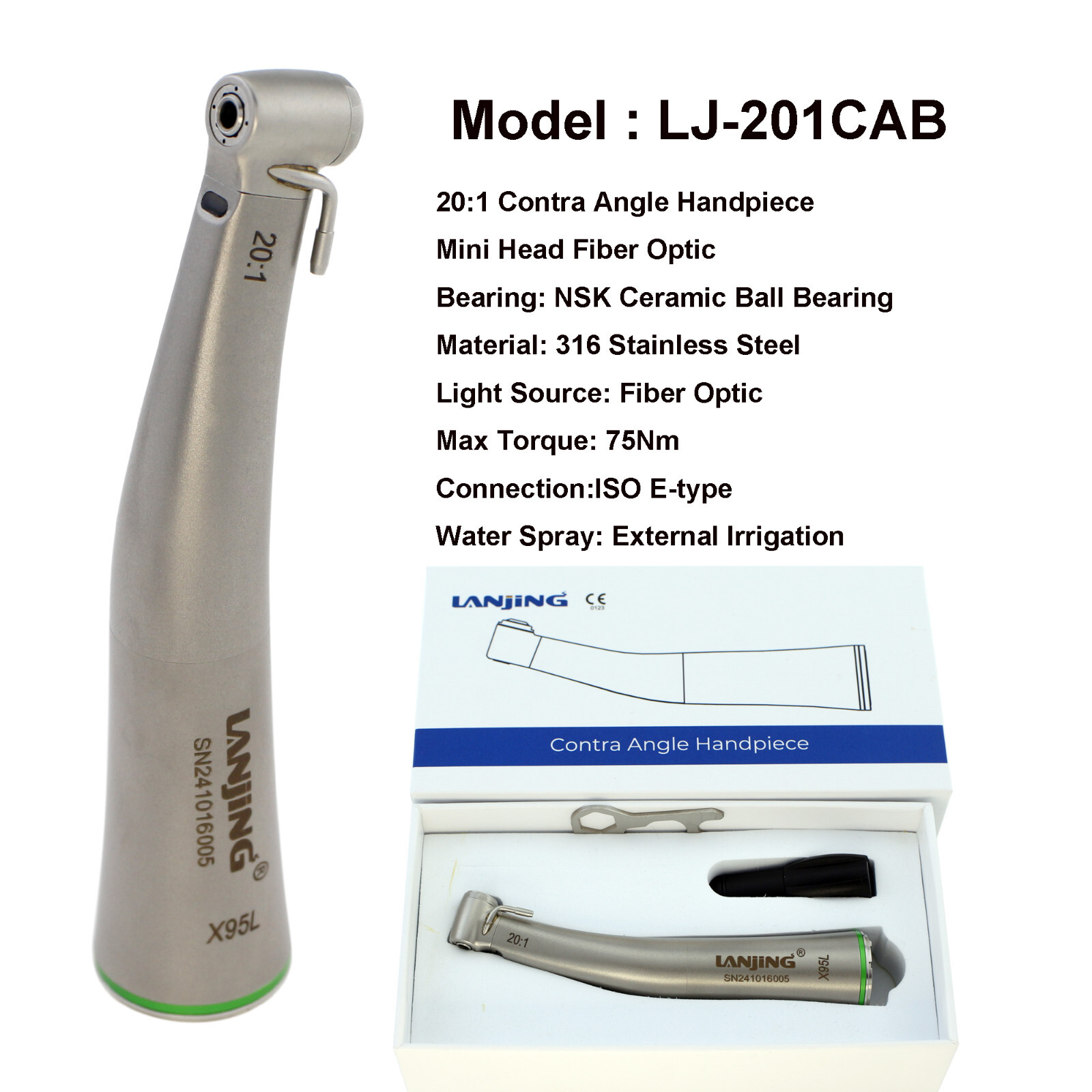 Dental 20:1 LowSpeed Handpiece LJ-201CAB Contra Angle MiniHead Fiber Optic 75Ncm