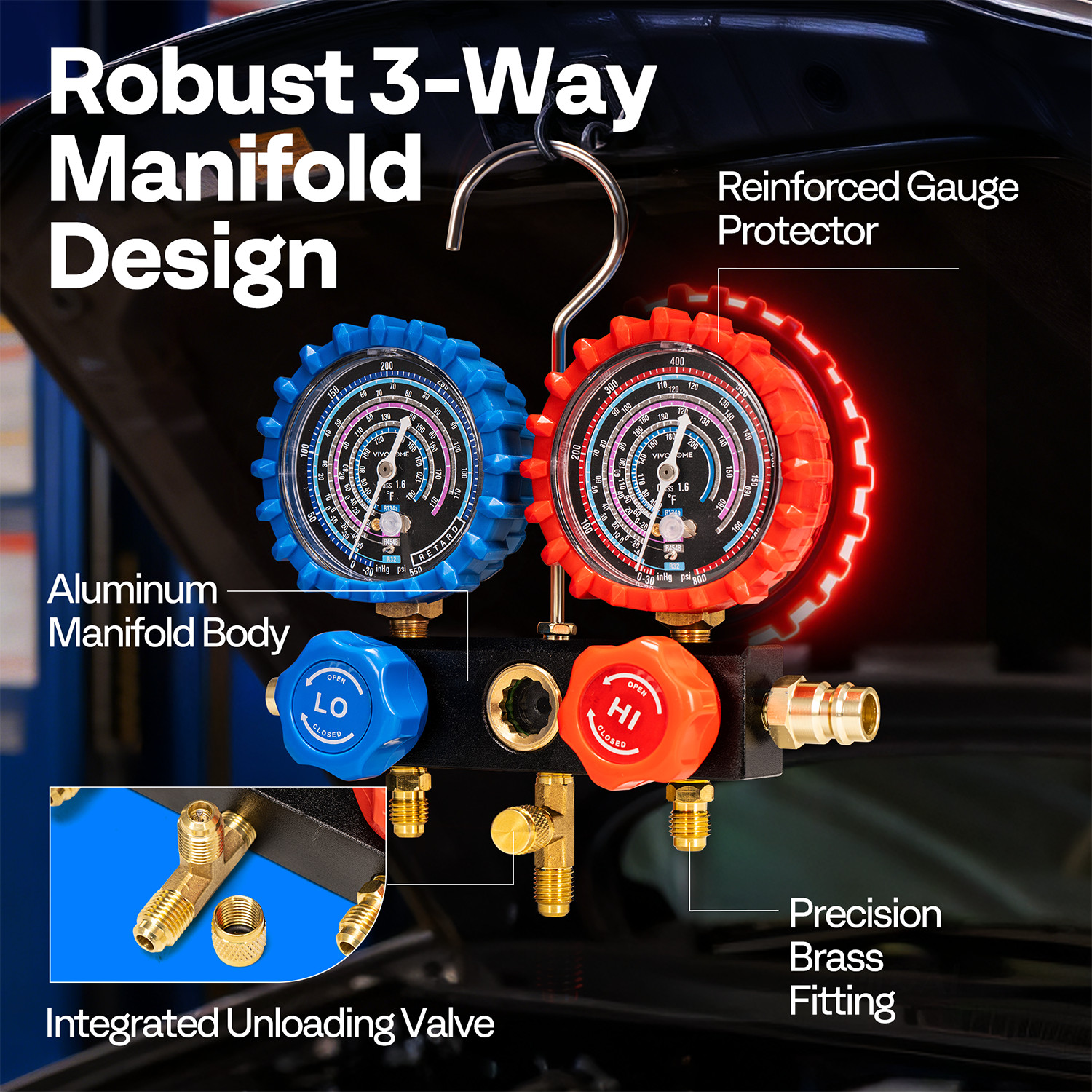 HVAC Manifold Gauge Set R134a R1234yf R410A R454B R32 AC Gauges w/ 5ft Hoses Kit