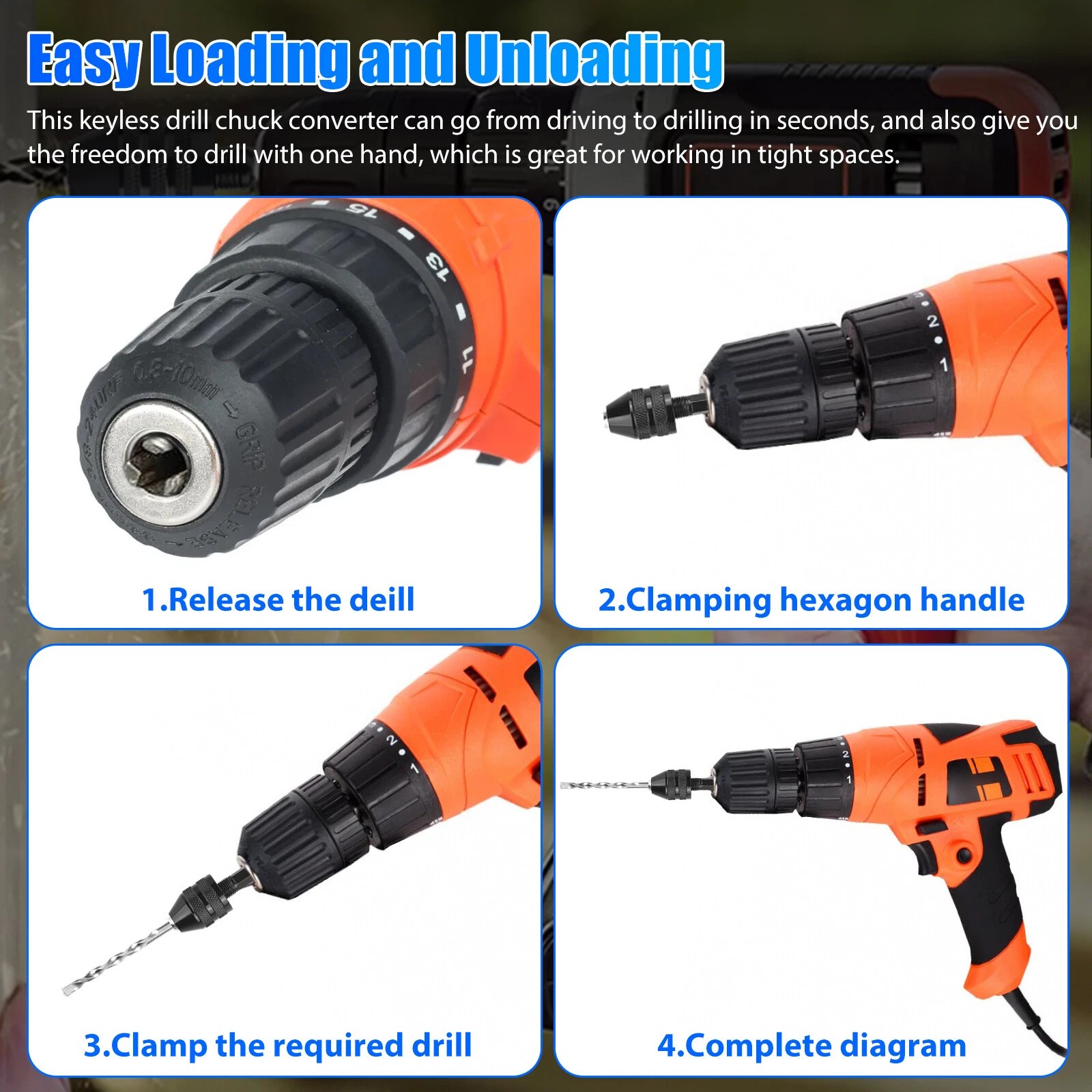 4x 1/4″Hex Shank Keyless Chuck Adapter Drill Bit Quick Change Driver Converter