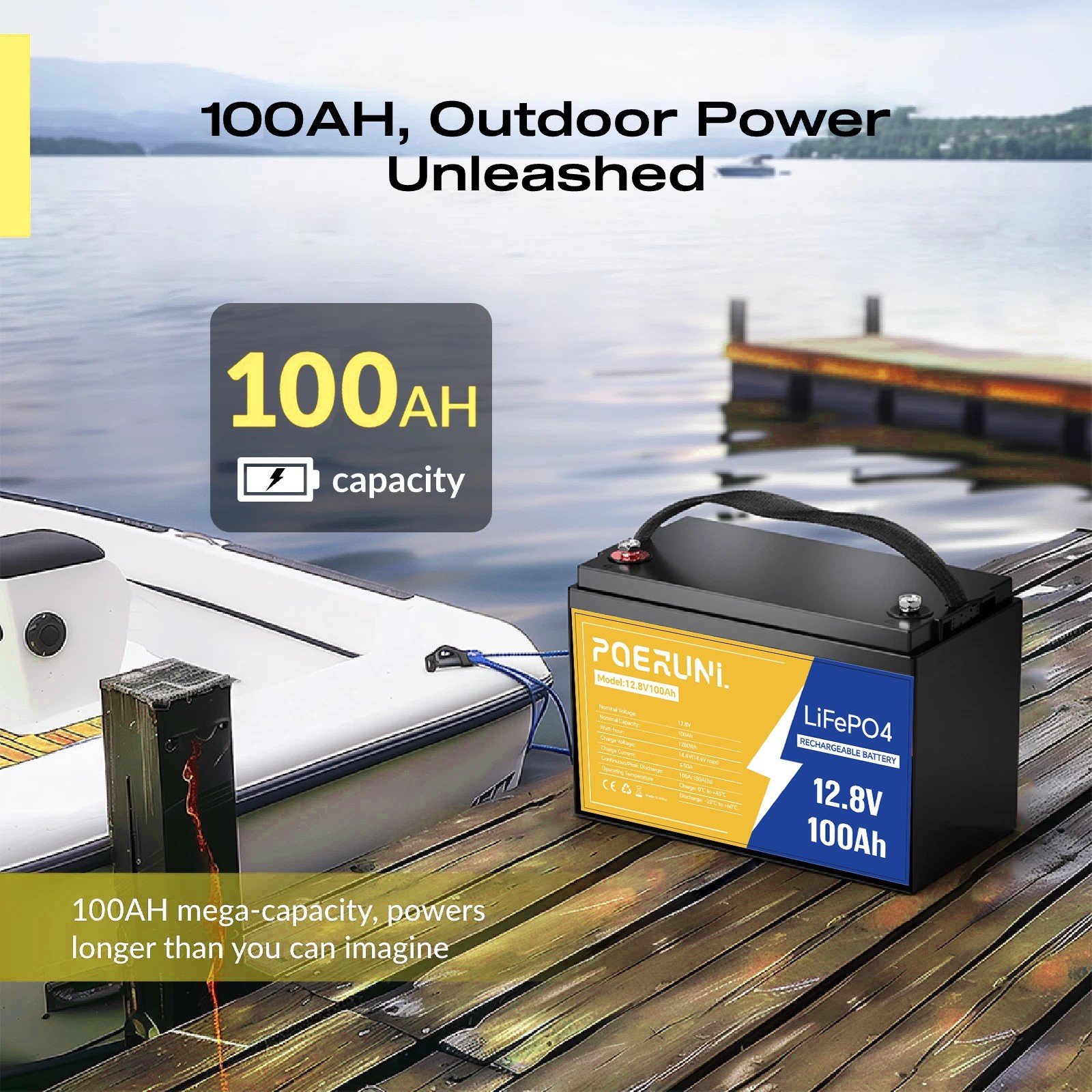 12V 100Ah LiFePO4 Lithium Battery POERUNI Deep Cycles BMS for Solar RV Marine