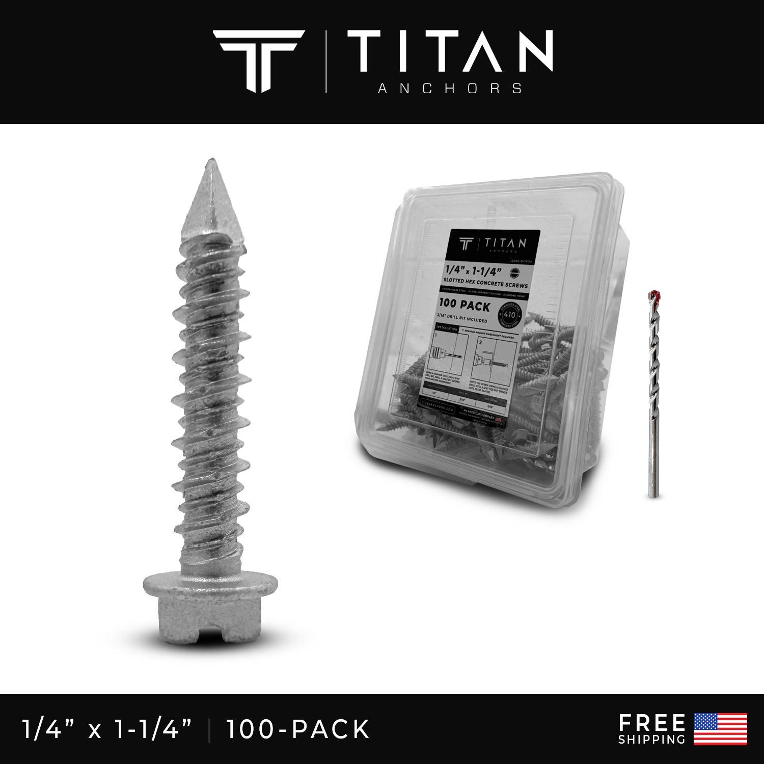 100-Pack 1/4 x 1-1/4″ 410 Stainless Steel Hex-Head Concrete Screws