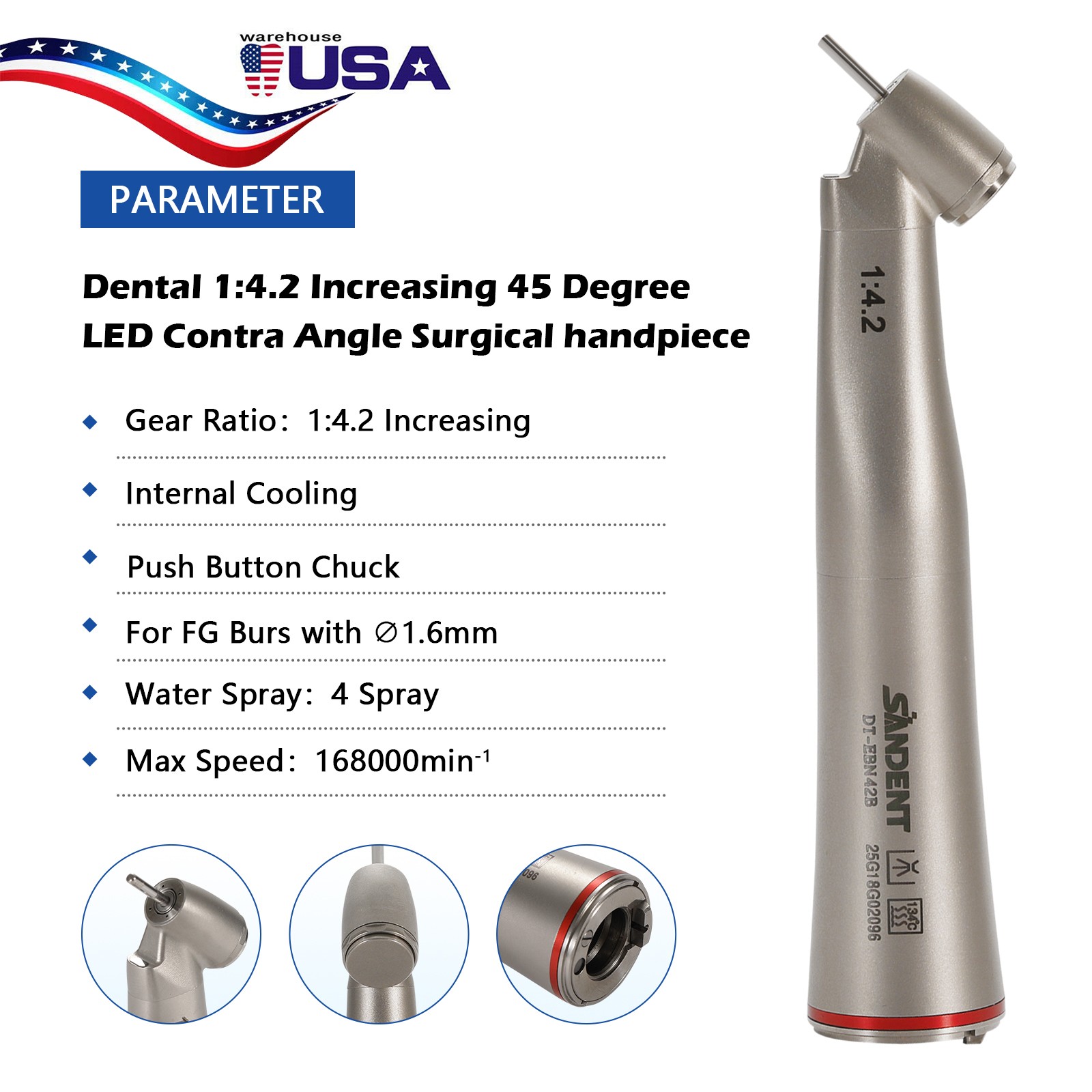 SANDENT Dental 1:4.2 Surgical Handpiece 45 Degree LED Fiber Optic Increasing DL