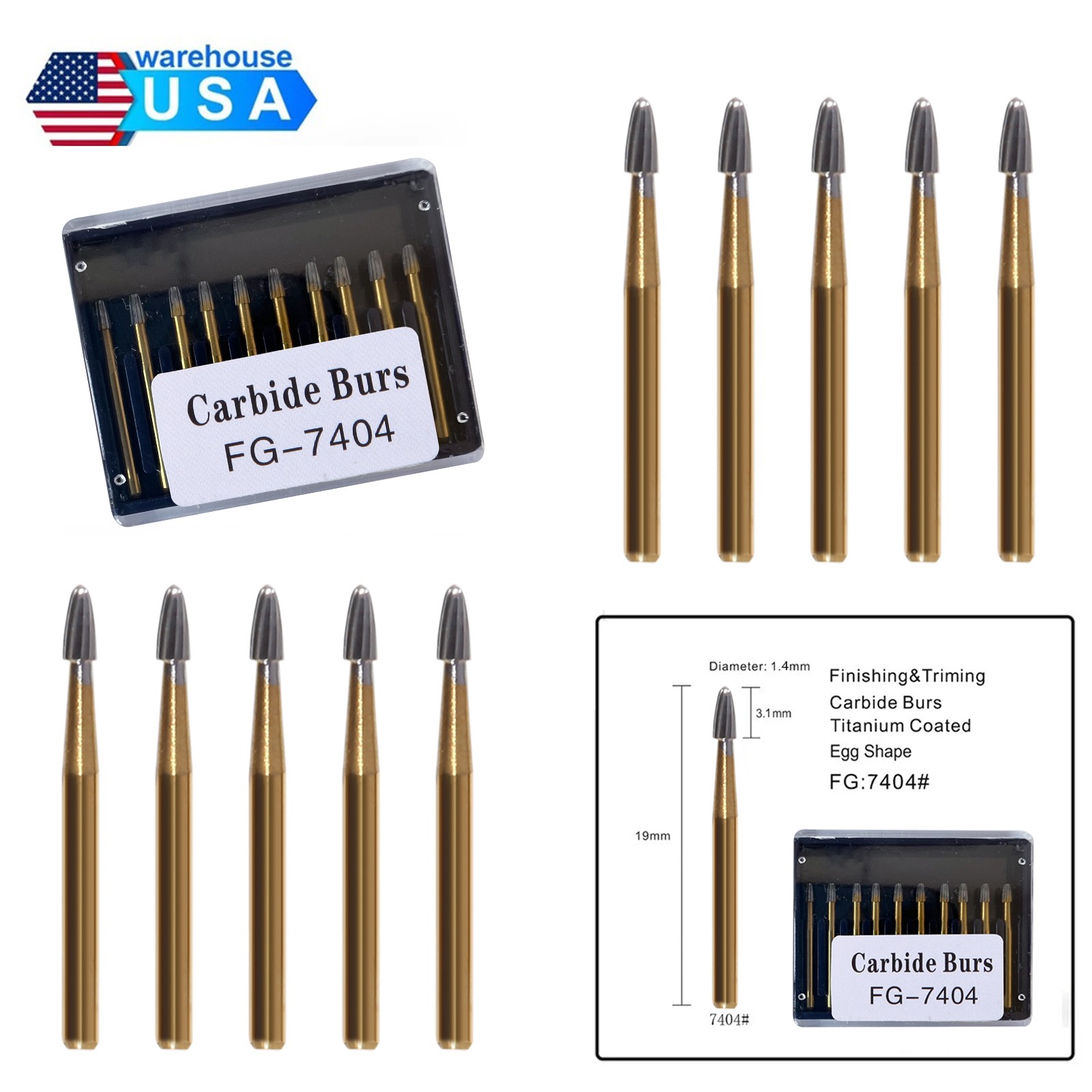 10Pcs Dental Carbide Trimming & Finishing Burs FG7404/7406/7408