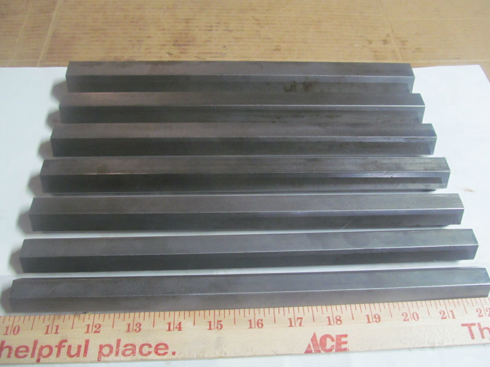 (7) ASSORTED SIZES OF HEX STEEL 12L14 BAR STOCK 12″ LONG.