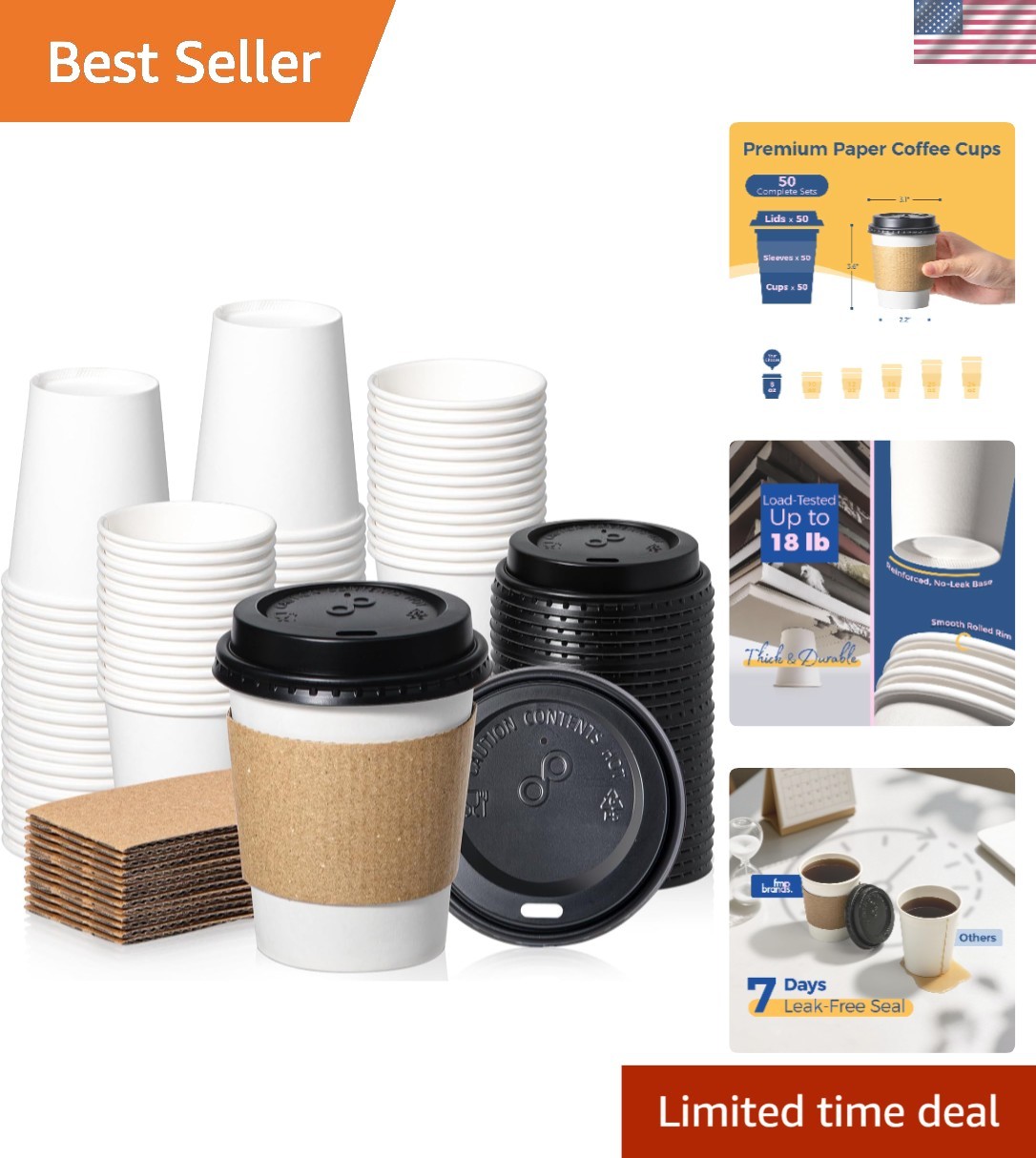 50 Pack 8 oz Eco-Friendly Disposable Coffee Cups with Lids & Sleeves – Leak-P…