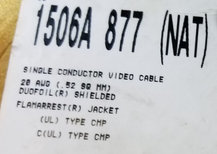 Belden 1506A RG59/U 20awg Video Brilliance Coaxial HD-SDI Cable CMP White /250ft