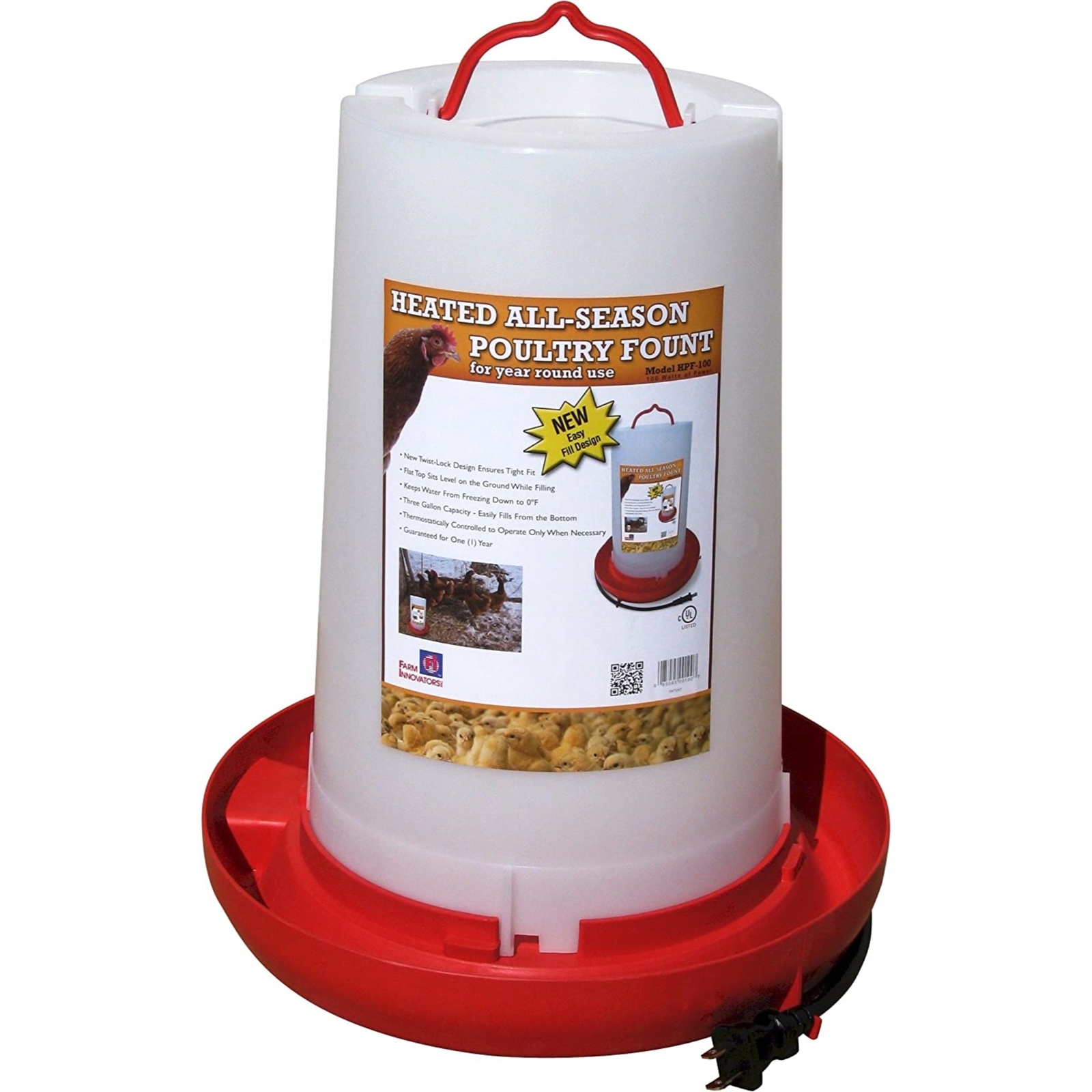 Farm Innovators All-Seasons Heated Plastic Poultry Fountain, 3 Gallon, 100-Watt