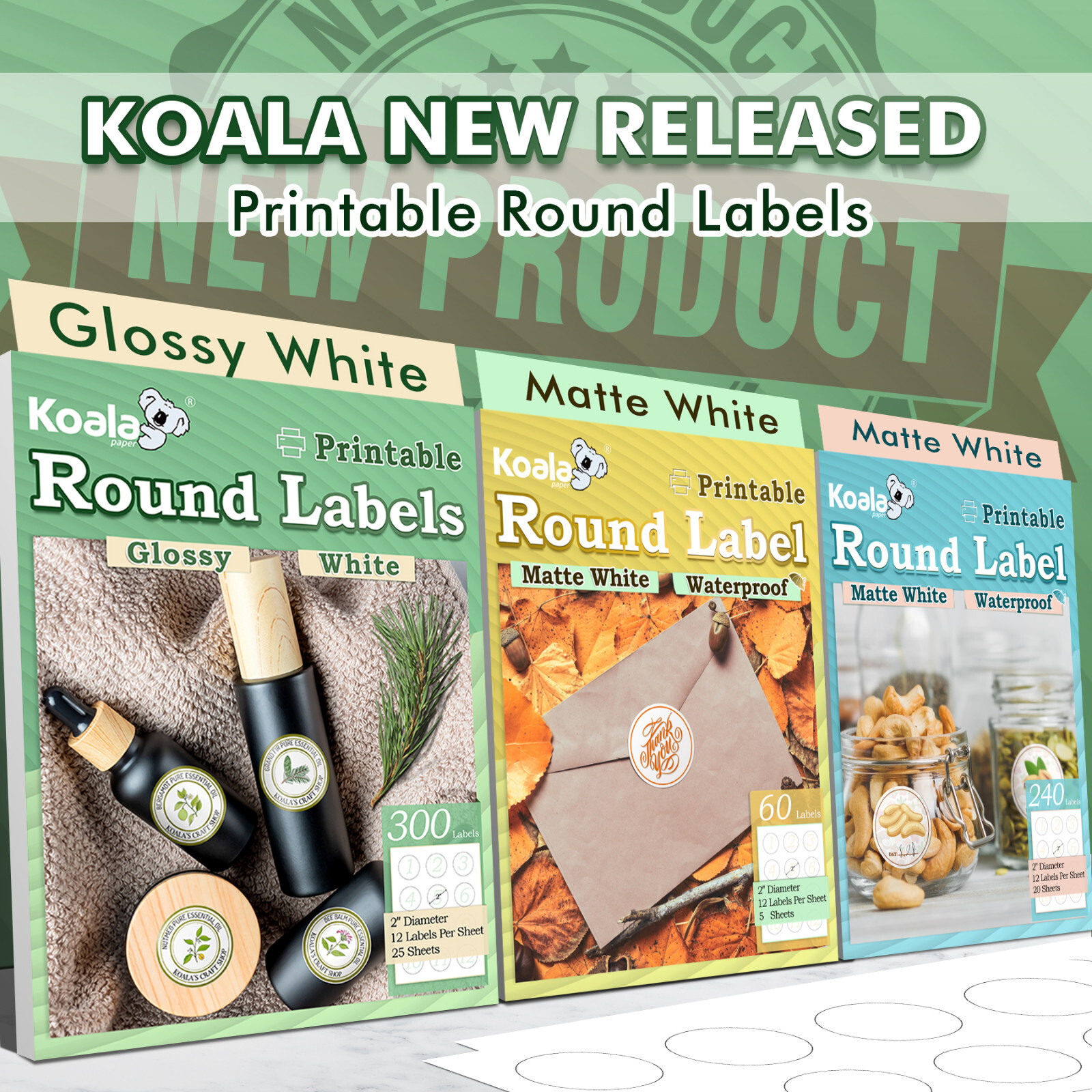 Koala Printable Round Label 2 Inch Waterproof Round Sticker Paper Inkjet Laser