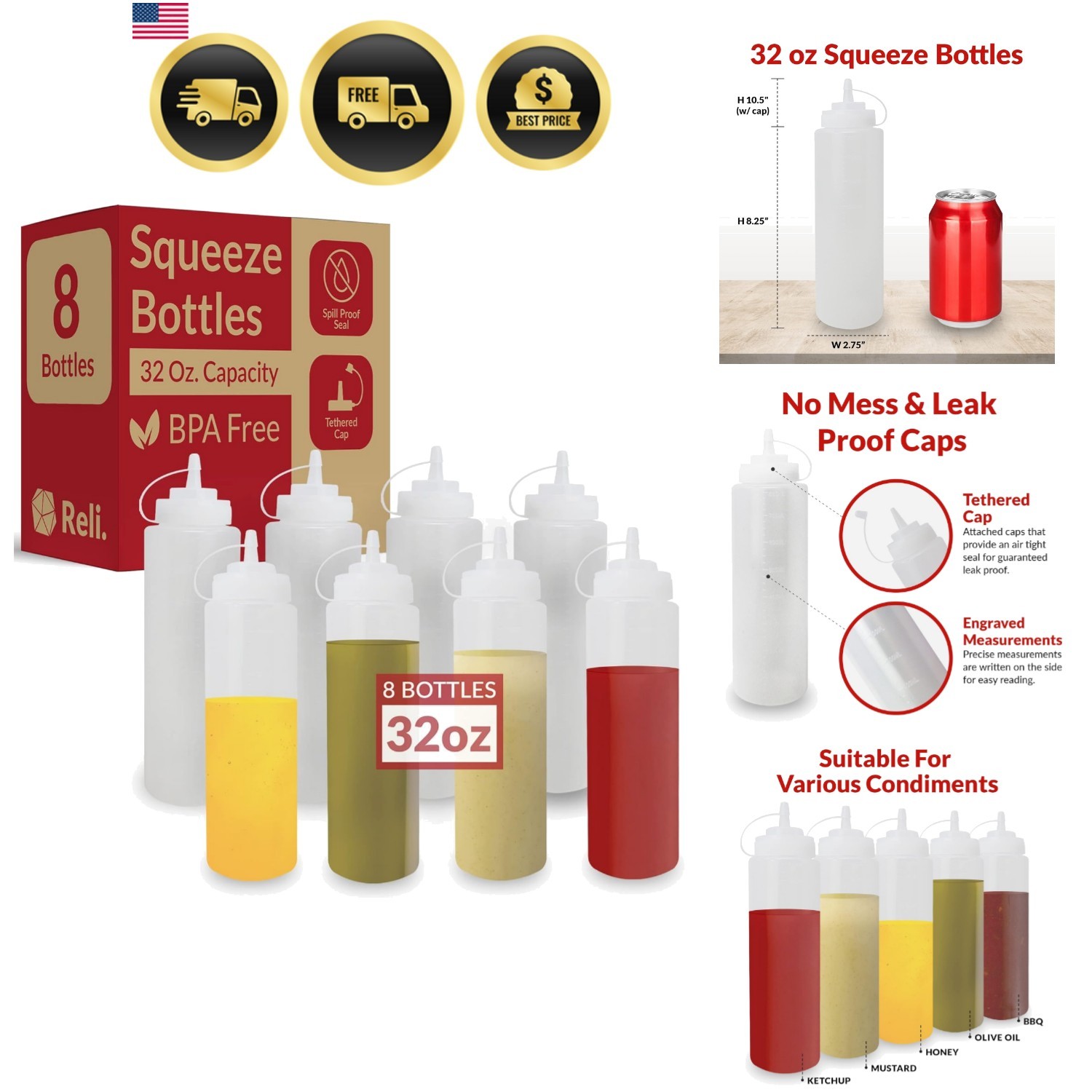 Plastic Squeeze Bottles, 32 oz. | 8 Pack | Condiment Squeeze Bottles for Sauc…