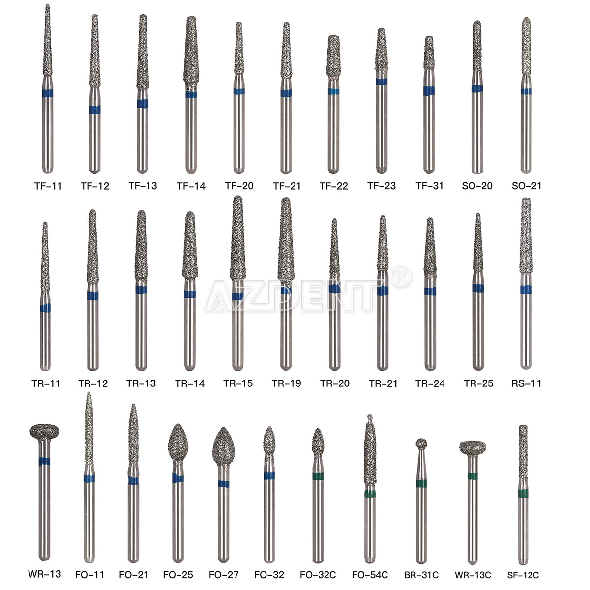 AZDENT 100 Types Dental Diamond Bur Drills for High Speed Handpiece 5pcs/kit