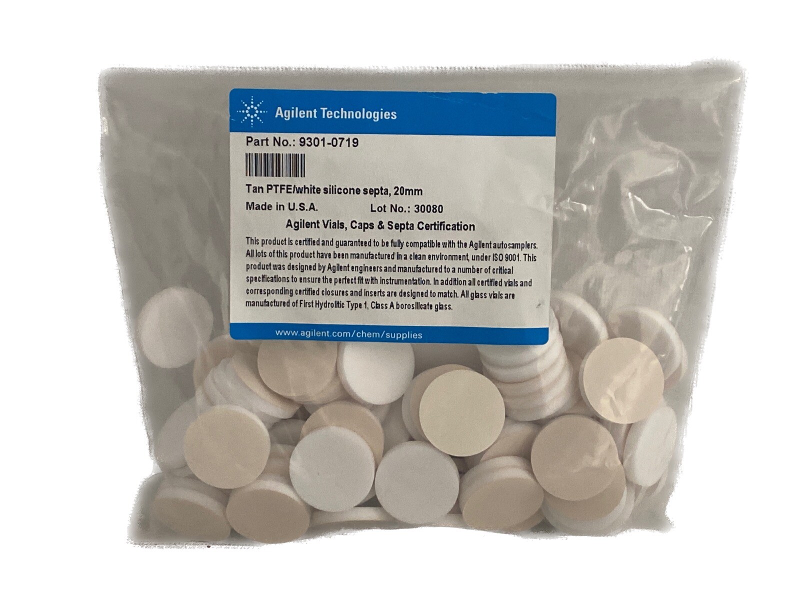 (100/Pk) AGILENT Headspace Tan PTFE / White Silicone 20mm Septa 9301-0719