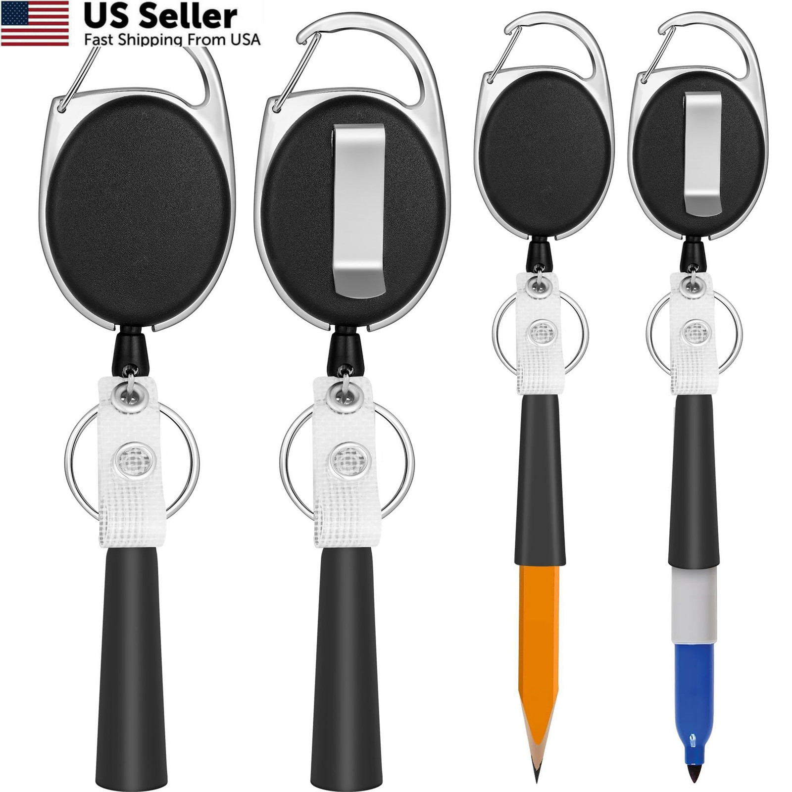 pasezenn 4 Pack Retractable Pen Holder with 31.5″ Dyneema Cord, Elastic Black