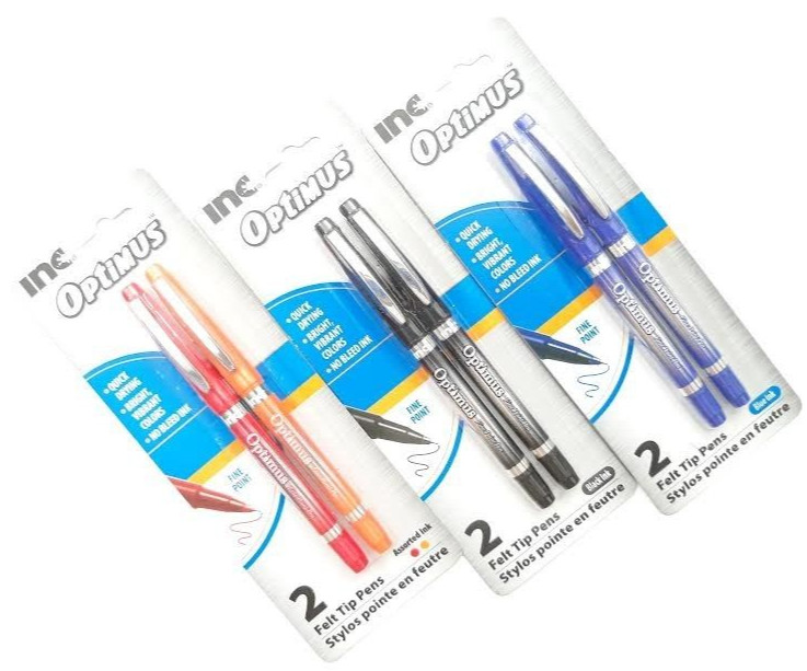 3 PACKS 6 FELT TIP PENS INC® Optimus™ RED ORANGE BLUE AND BLACK