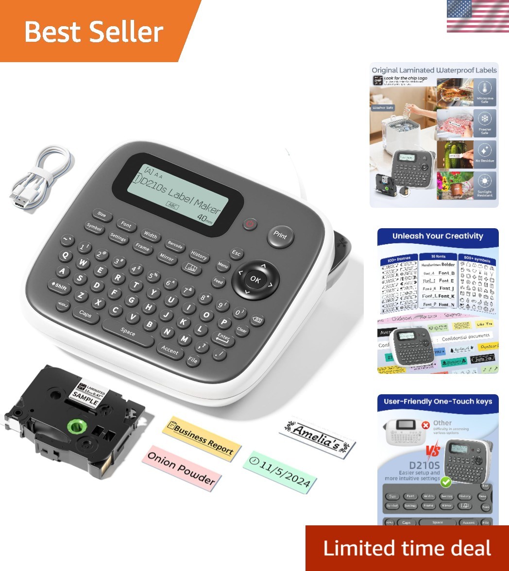 Versatile Label Maker Machine with Tape: Durable Waterproof Labels, 12mm – D210s