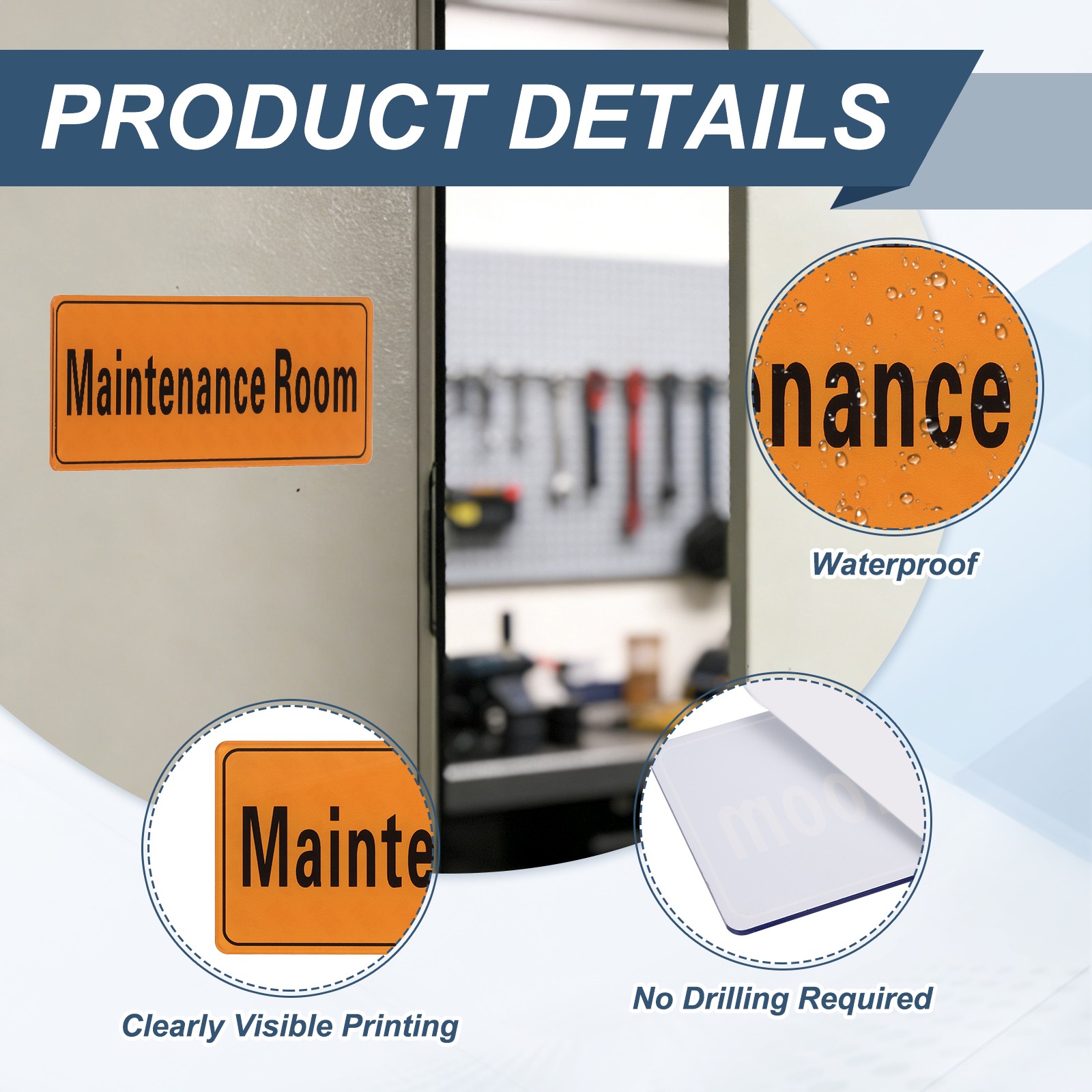 9″x3″ Maintenance Room, 1Pcs Room Door Sign Self-Adhesive Orange with Black Text