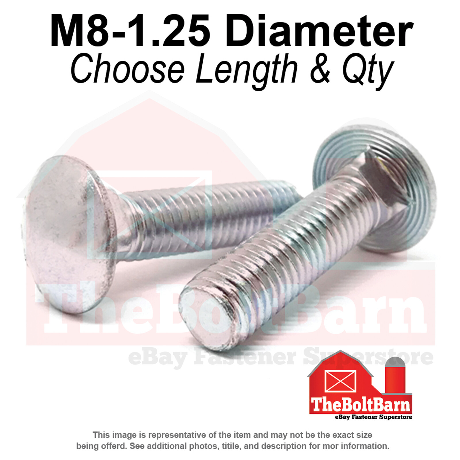 M8-1.25 Class 4.6 Round Head Carriage Bolt Zinc Clear (Choose Length & Qty)