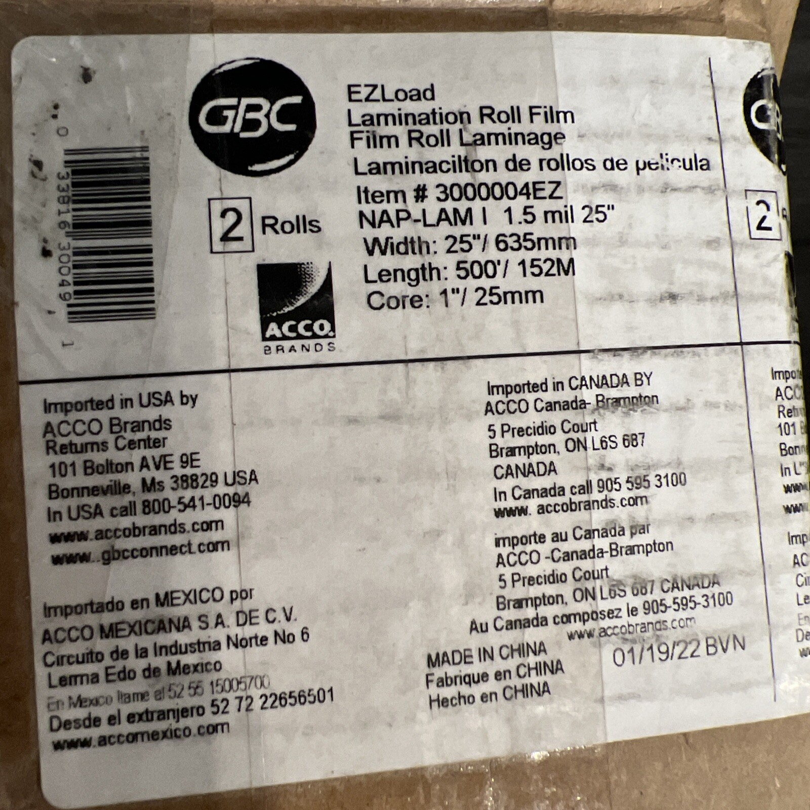 GBC Nap-Lam 1.5 miL 25″ X 500′ Roll 1″ Core Clear Thermal Laminating Film 2 Roll