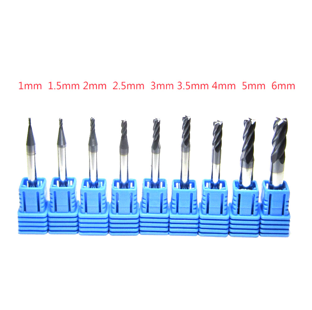 4 Flutes Tungsten Carbide End Mill Set 1mm 1.5mm 2mm 2.5mm 3mm 3.5mm 4mm 5mm 6mm