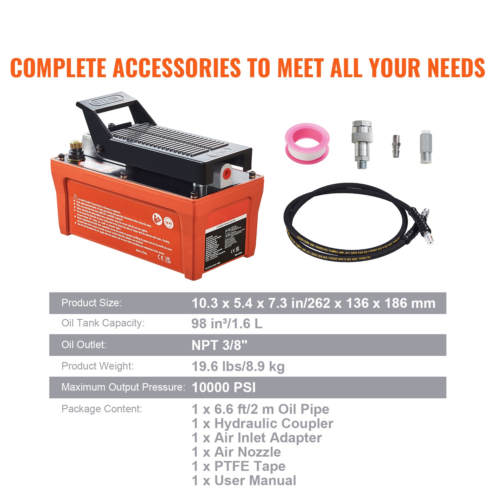VEVOR Air Hydraulic Pump Foot Operated Pump 10,000PSI 98in³ 6.6FT Auto Body Shop