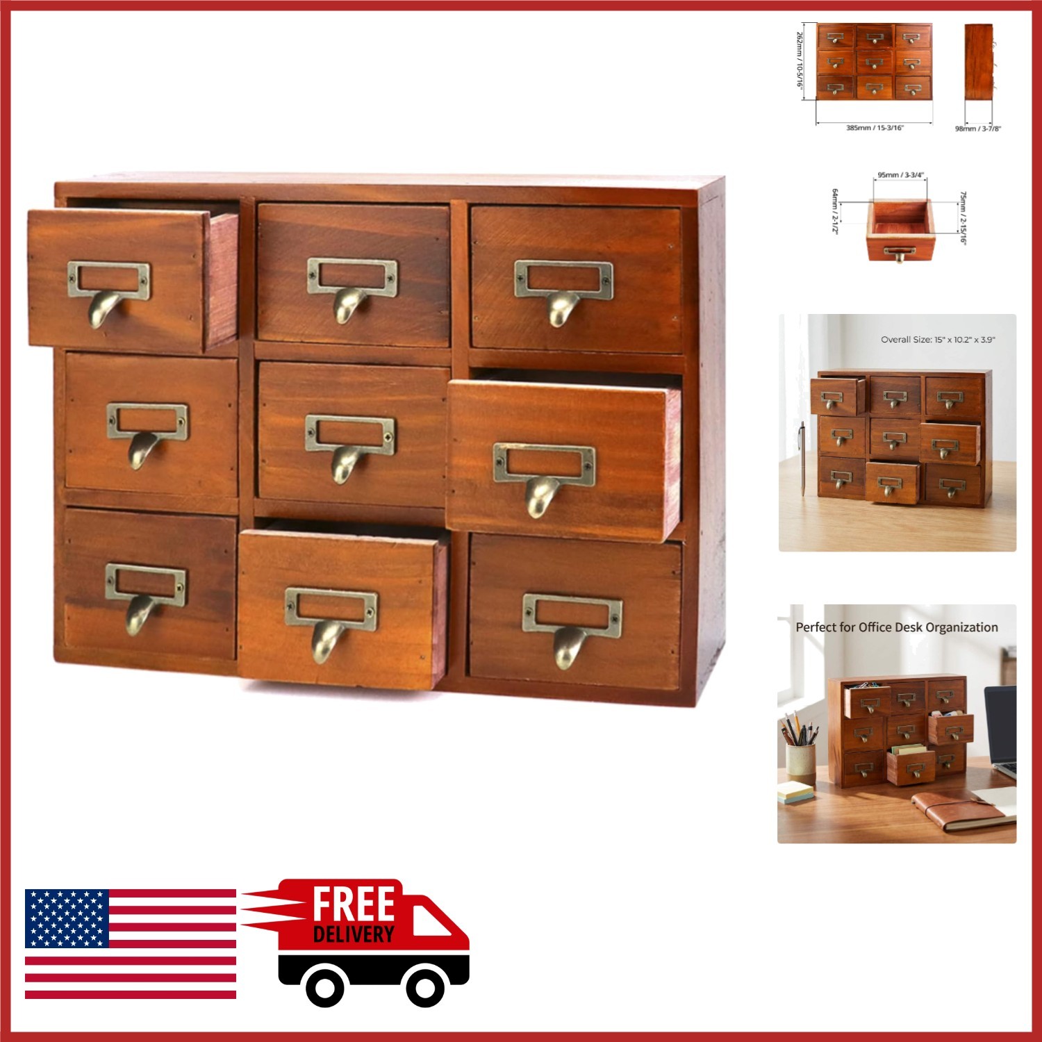 Brown Apothecary Cabinet for Desk Storage with 9 Drawers, No Assembly Required