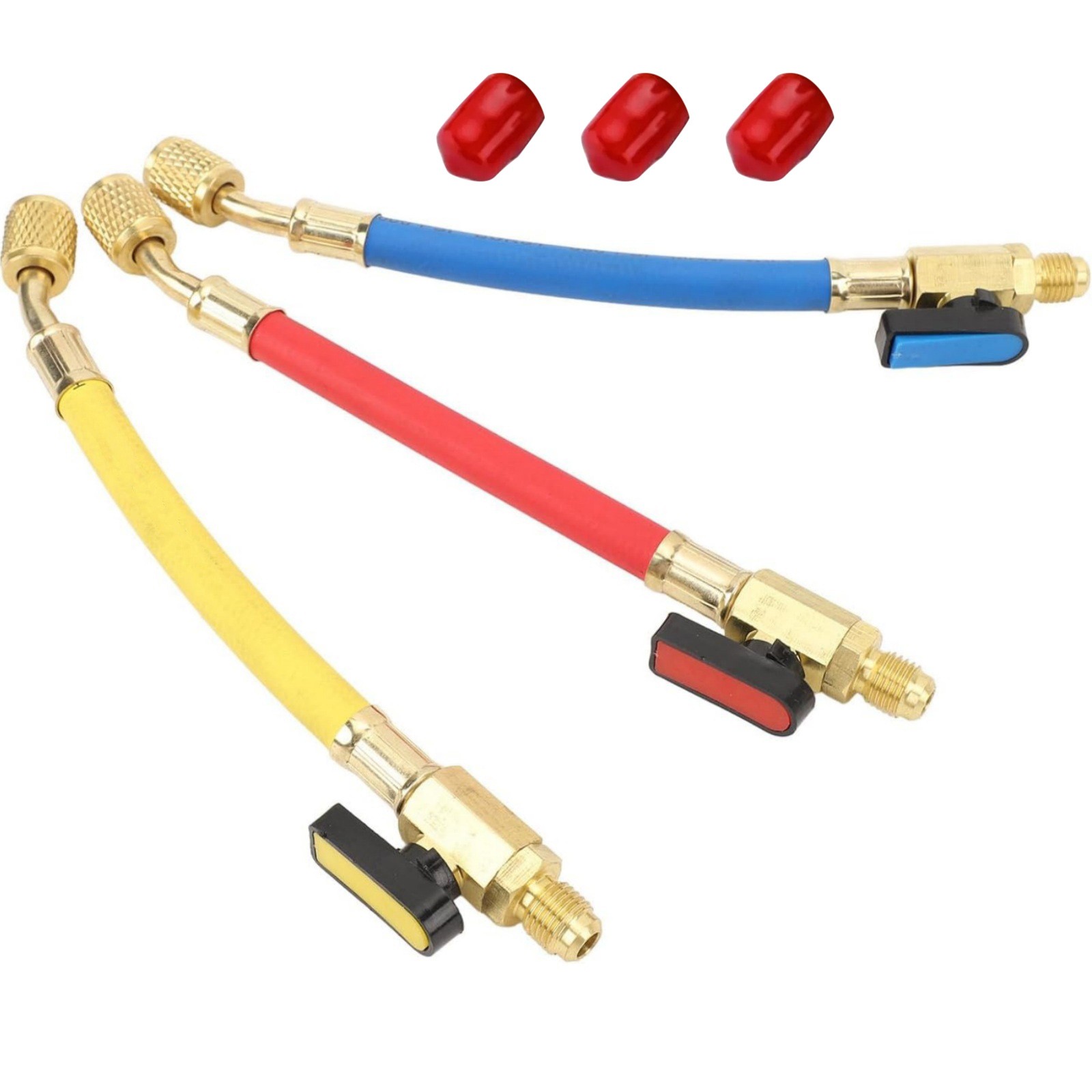 3pcs/set For R134A R410A R22 R12 Refrigerants Ball Valves Hose(Red/Yellow/Blue)