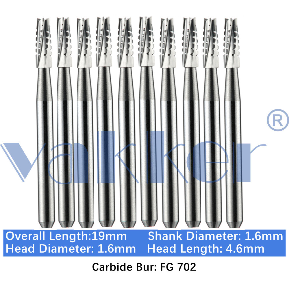 Vakker 10pc Dental Carbide Burs FG 702 Taper Flat End Cross-Cut High Speed Bur