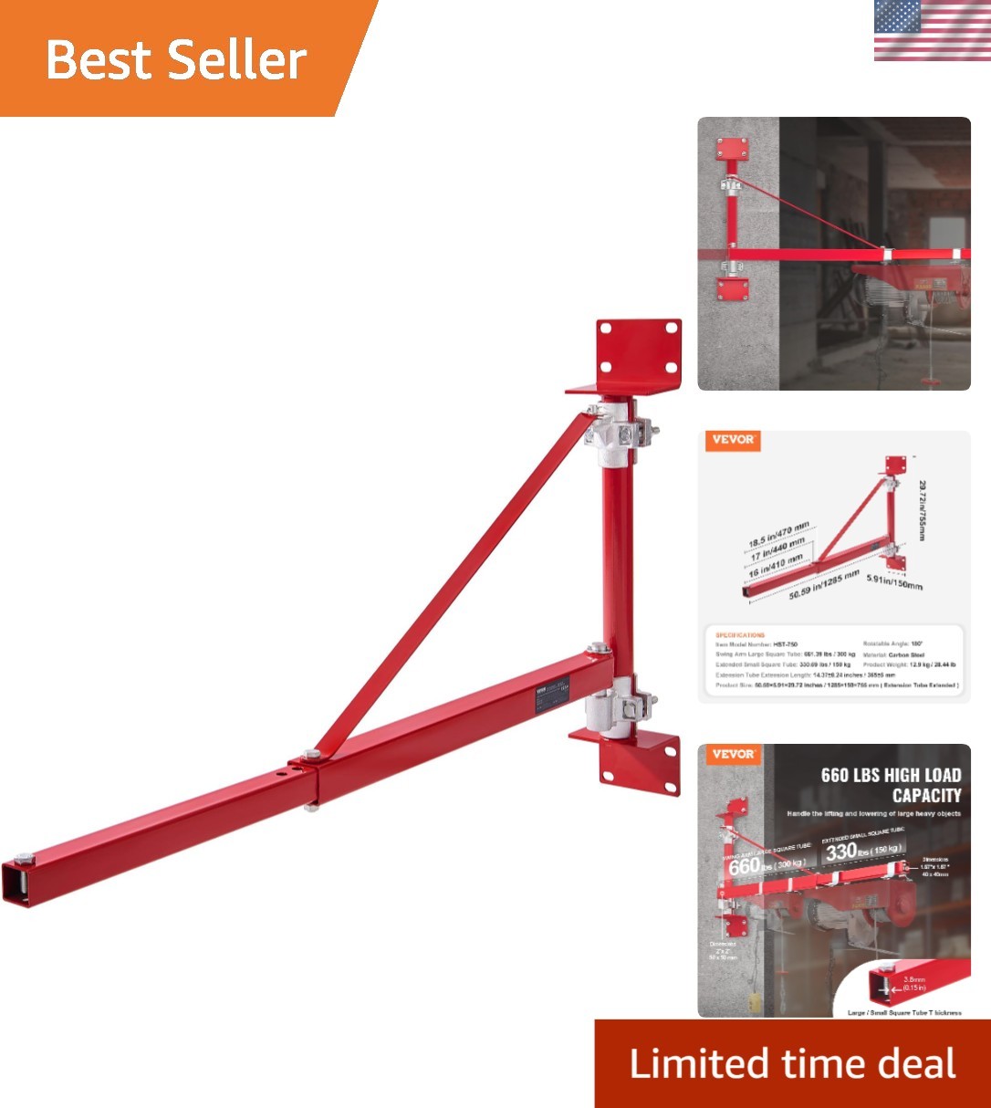 Versatile Wall-Mounted Hoist Crane, 660 lbs Capacity, Easy Installation
