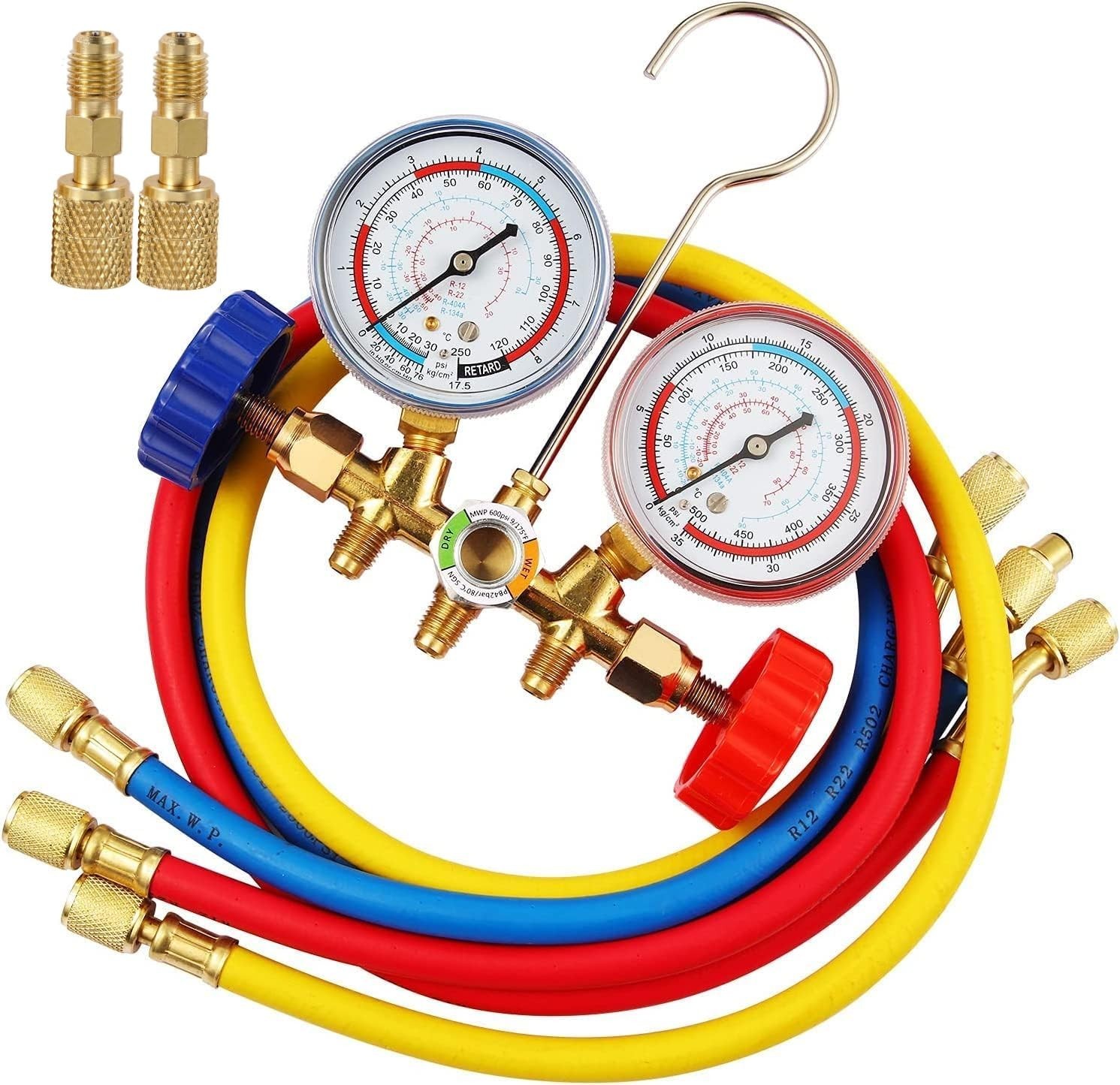 R410A 3-Way AC Manifold Gauge Set for R410A R22 R134A R404A w/ Hoses Adapters