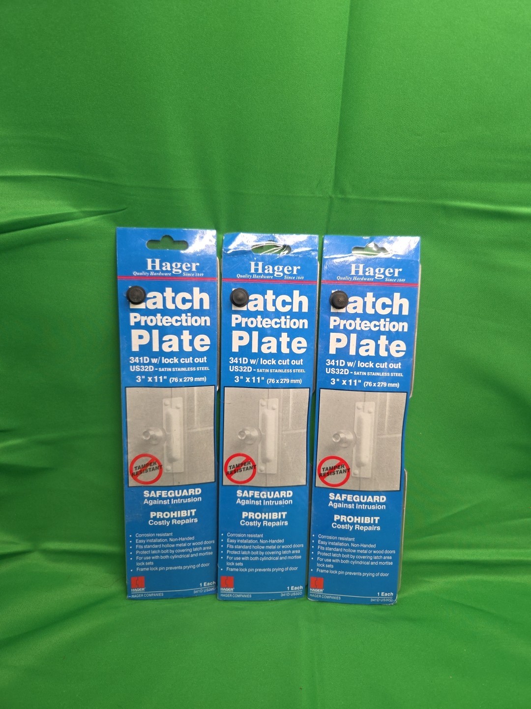 Three Hager 341D Latch Protection Plate W Lock Cut Out US32d W/Frame Pin New