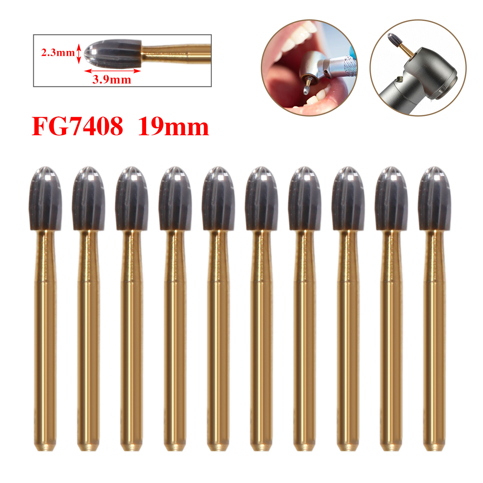 10Pcs Dental Trimming+Finishing Carbide Burs Egg Shape Football Gold FG7408