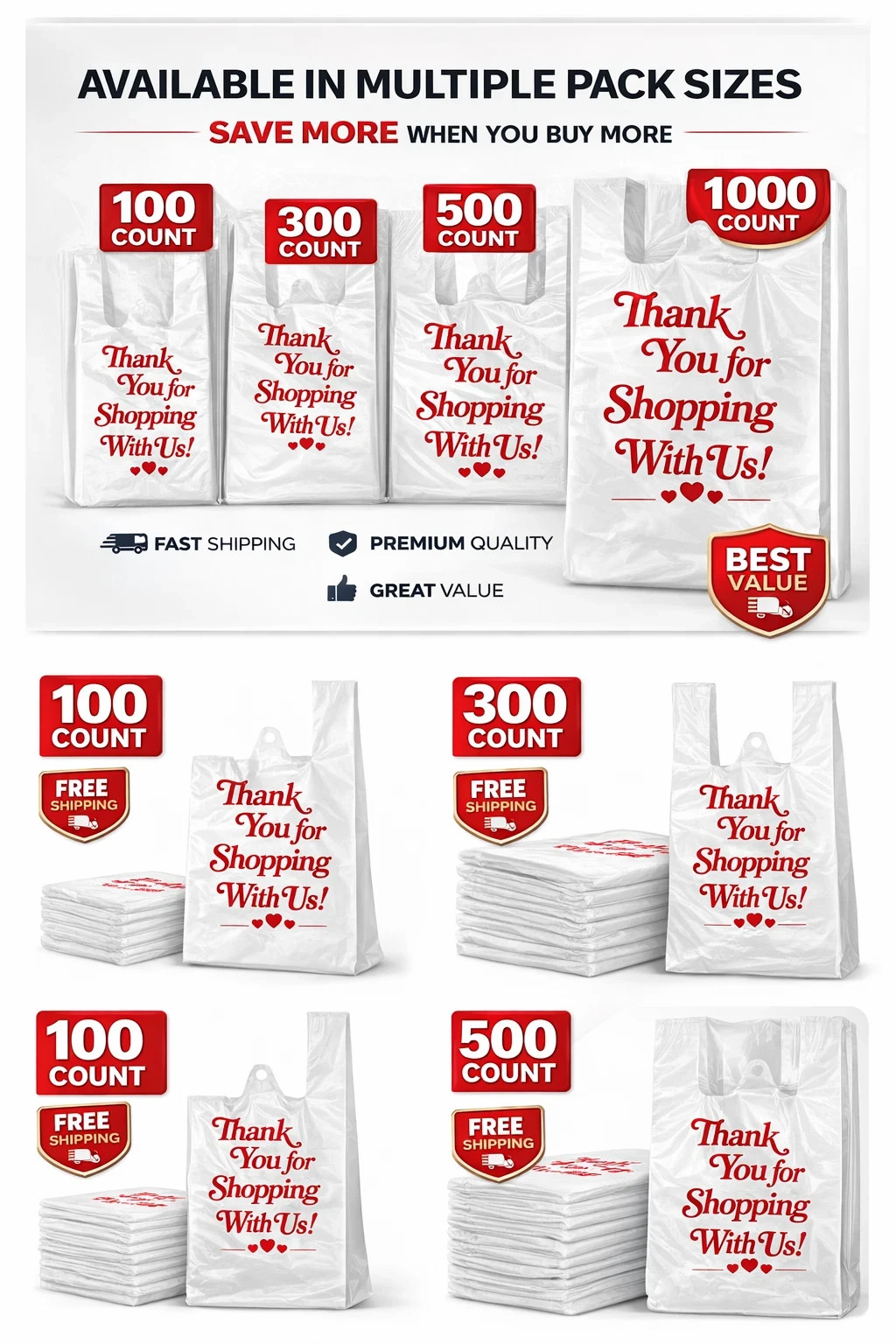 1000 Count Thank You Bags Small 8x4x16 T-Shirt Plastic Bags Bulk Heavy Duty