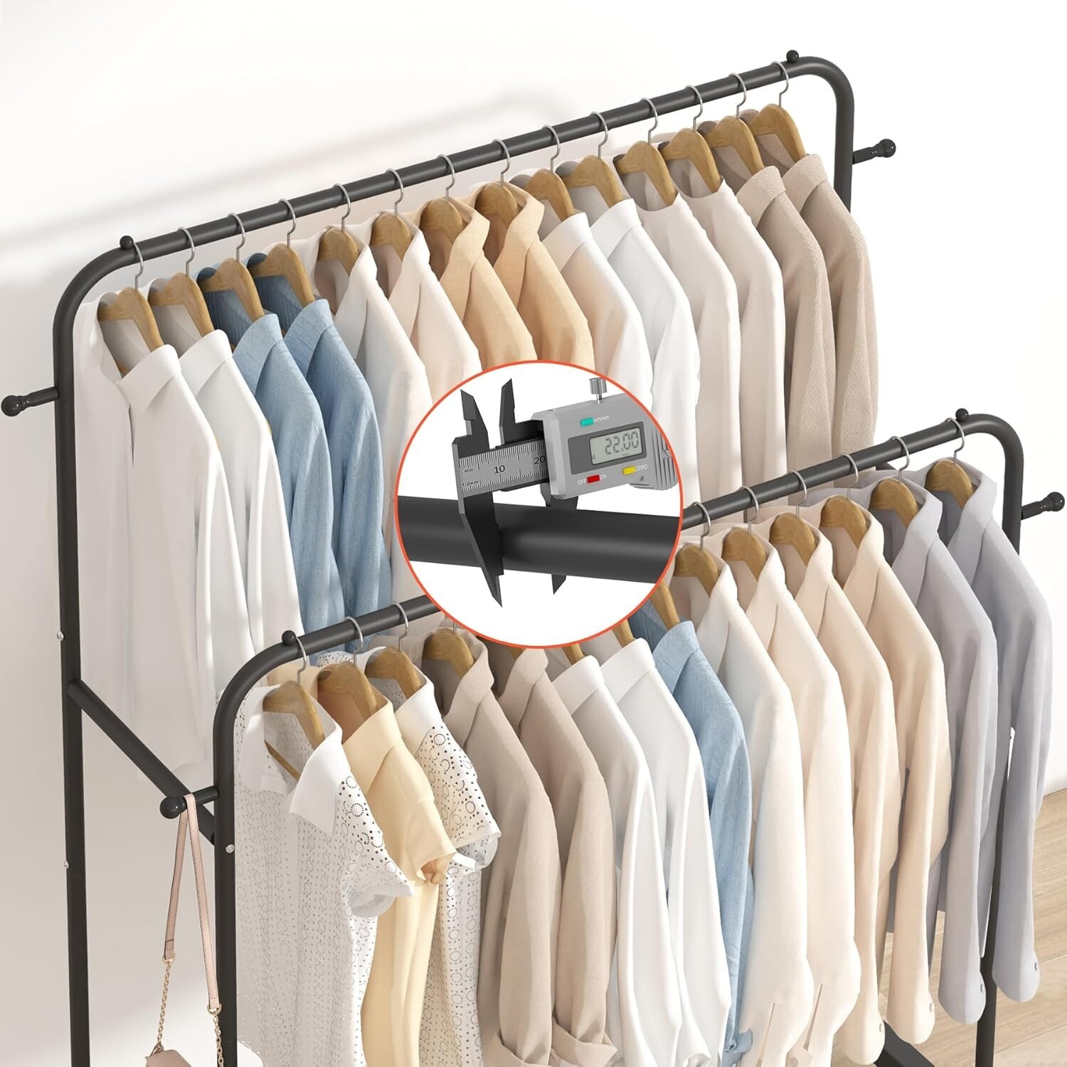 Modern Freestanding Clothes Organizer with Wheels and Dual Rods – Sleek Black