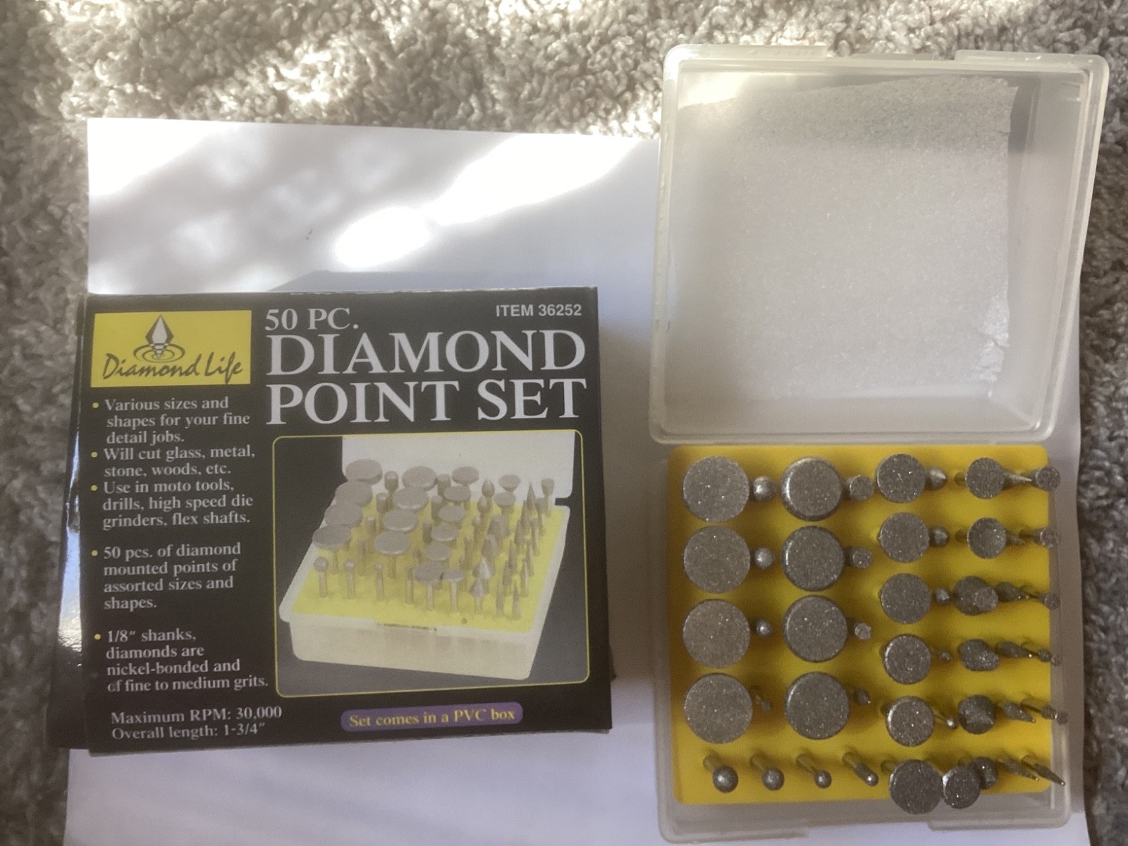 Diamond Point Set 50 PC. Cut Glass Metal Stone Wood Etc. 1/8″ Shank