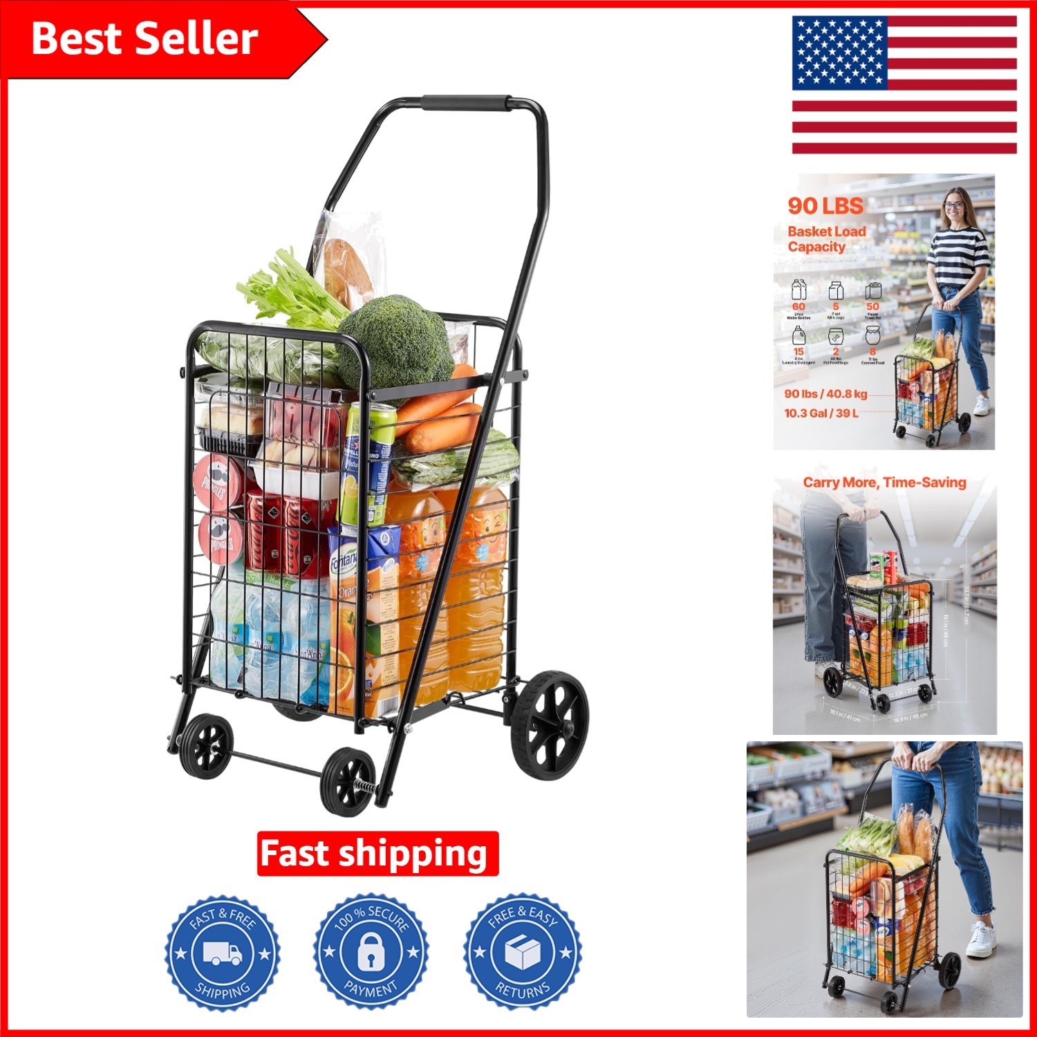 Lightweight Heavy Duty Shopping Cart with Swivel Wheels – 90 Lbs Load Capacity