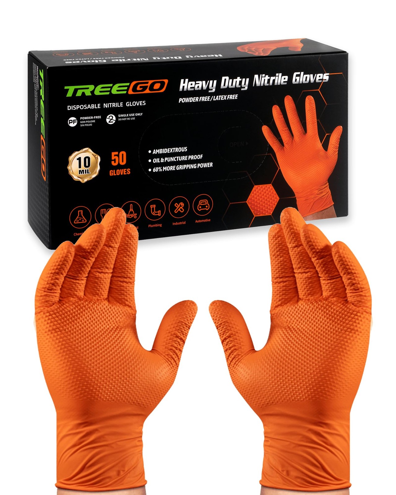 TREEGO 10 Mil Nitrile Gloves XL – Heavy Duty Orange Gloves with Double Diamon