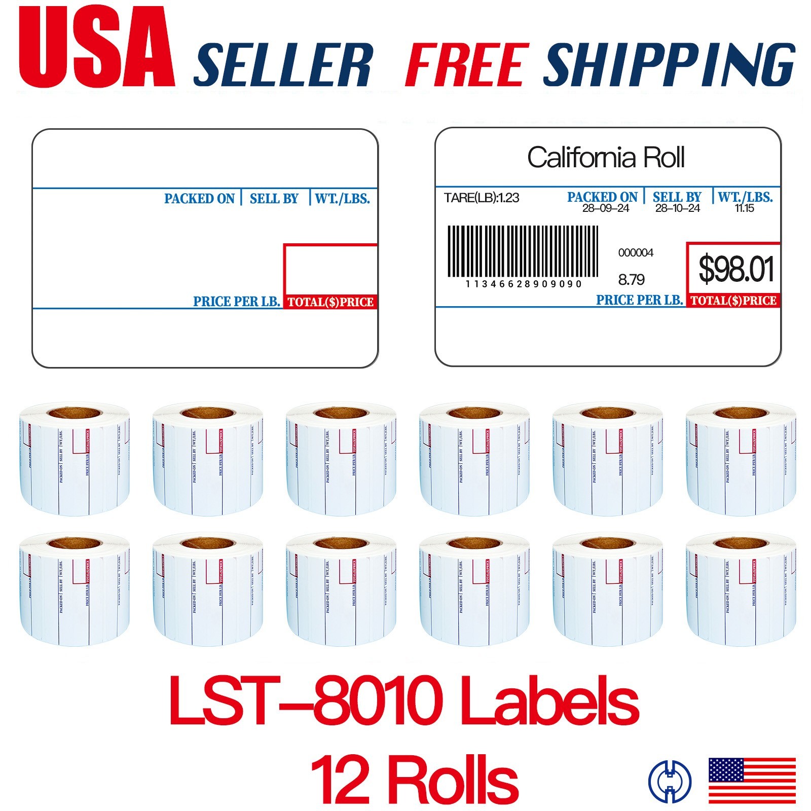 CAS LST-8010 Printing Scale Label, 58 x 40 mm, UPC 12 Rolls Per Case Box