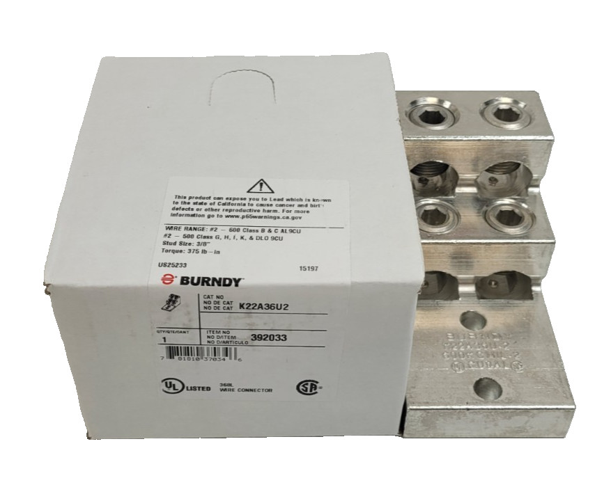 BURNDY K22A36U2 K22A36U-2 Mechanical Lug 600KCMIL AL/CU 368L 392033 NEW NO NOS