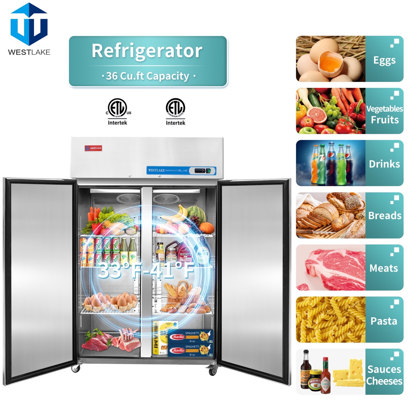 Commercial Reach In Refrigerator, Cooler, Fridge, 48 Inch 2 Solid Door, 36 Cu.ft