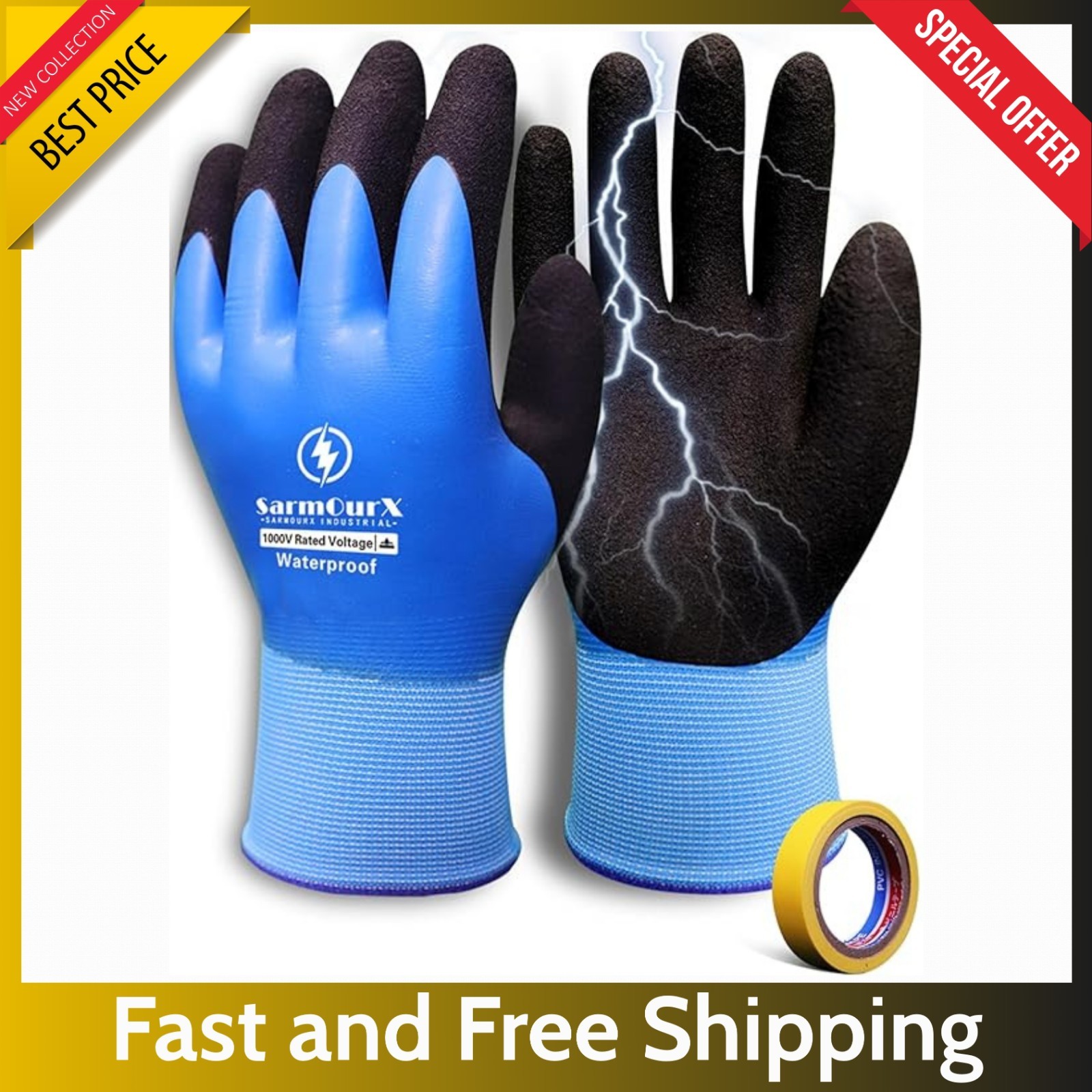 1000V High Voltage Electrical Gloves Insulated Rubber, Waterproof Non-Slip Palm