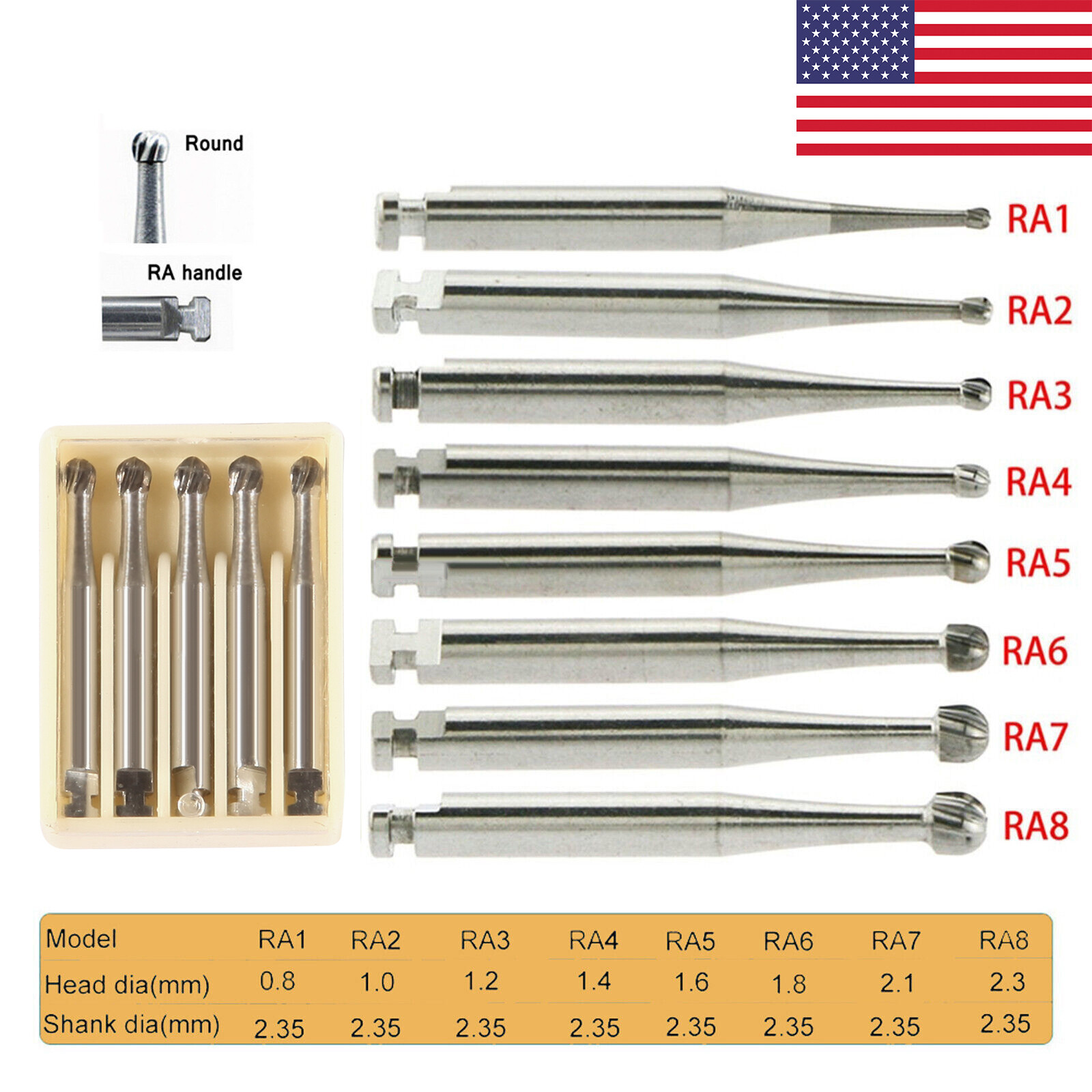 Dental Carbide Length Bur Latch Round Burs 1 2 3 4 5 6 7 8 fit Contra Angle