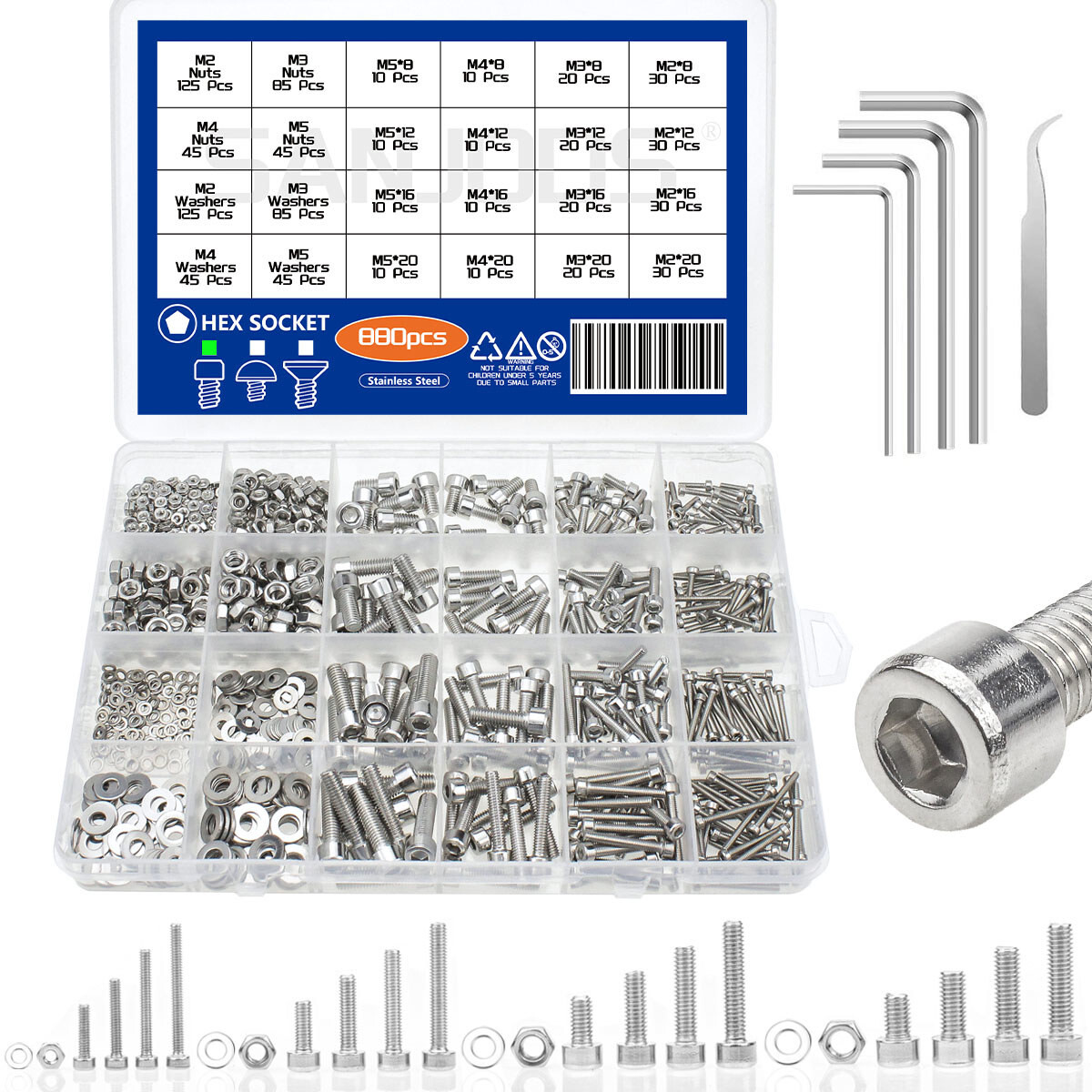 880pcs Metric Screws Assortment kit, Hex Socket Head Cap, Bolts Nuts Washers