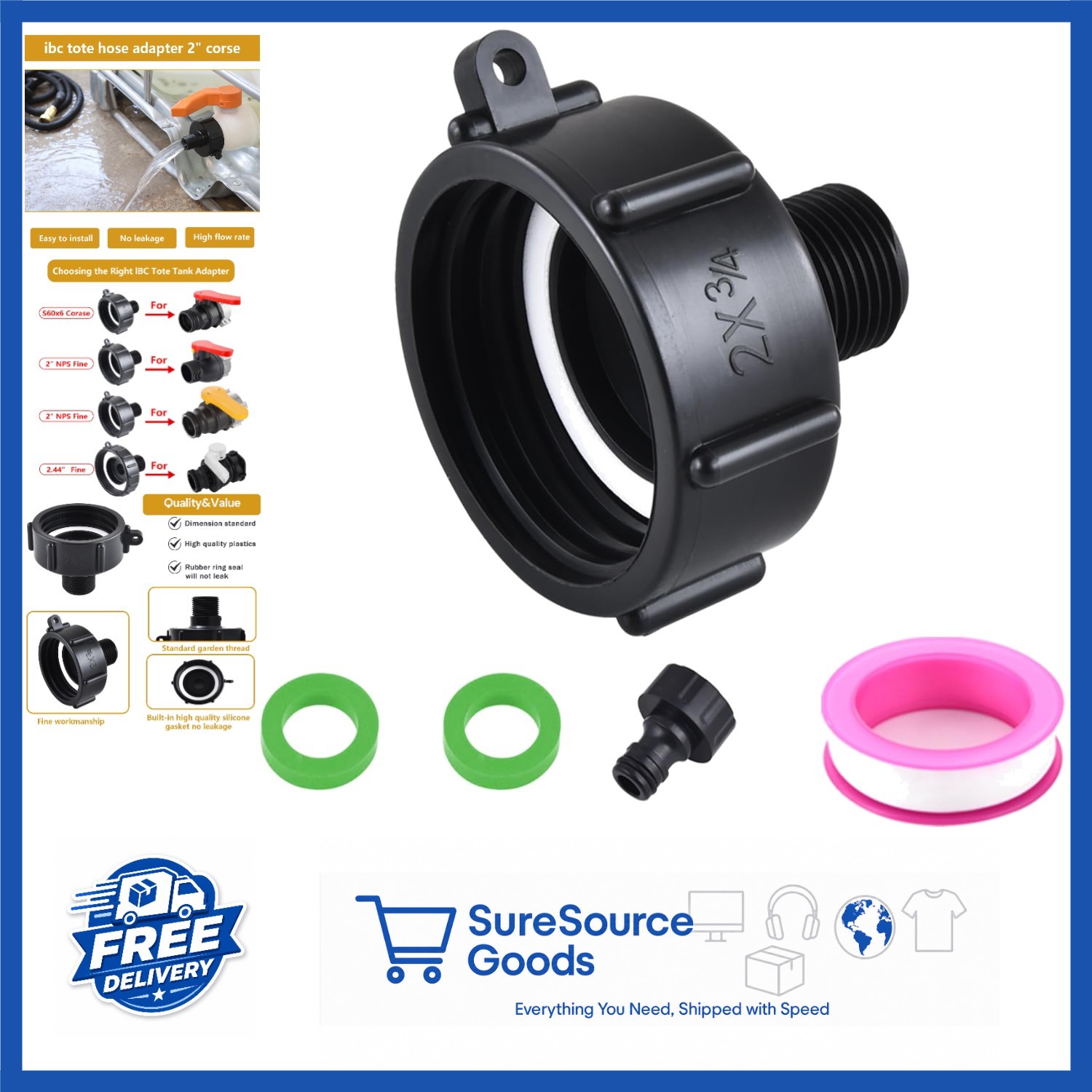 IBC Tote Adapter 2″ Coarse Thread Black Plastic Easy Installation for Garden Use