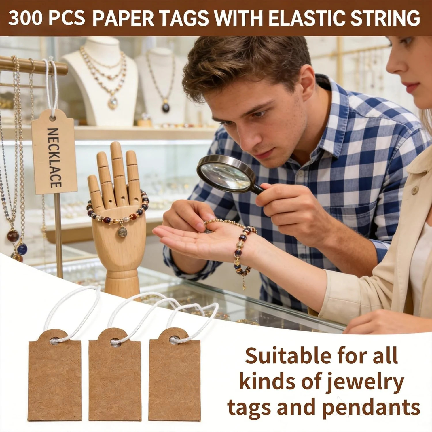 300 Pcs Small Price Tags with Elastic String, Brown Kraft Jewelry Tags for Pr…