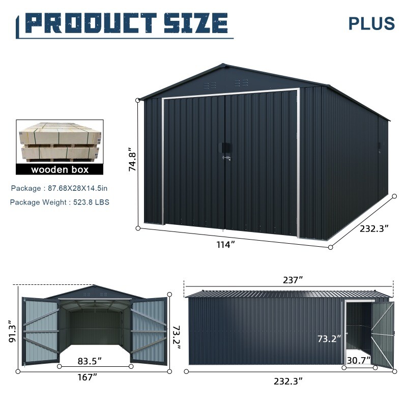 20’x13’ft Heavy Duty Metal Car Garage Shed Galvani Steel Outdoor Storage 3 Doors