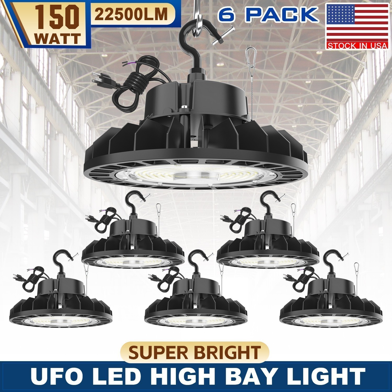 6 Pack 150W UFO Led High Bay Light Industrial Commercial Factory Warehouse Light