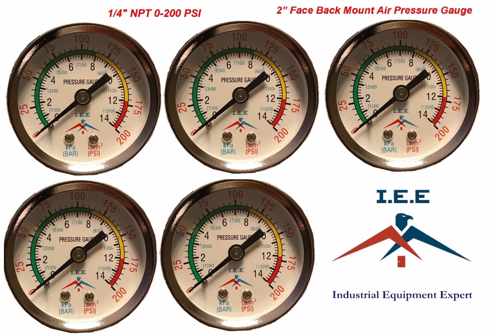New 5 Pack 1/4″ 200 PSI Air Compressor Pressure/Hydraulic Gauge Back Mount Gauge