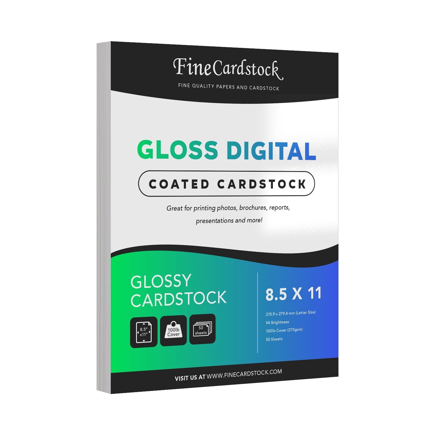 Double-Sided Gloss Cardstock (C2S) Heavy Glossy 100lb Cover, 8.5 x 11″, 50-Sheet