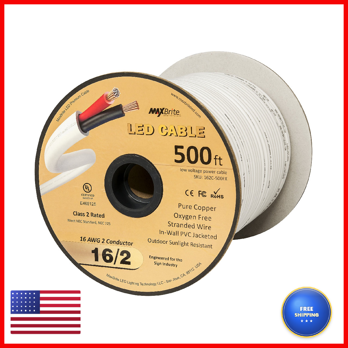 Maxbrite 500 Ft. 16Awg Voltage Led Cable 2 Conductor Jacketed In-Wall Speaker