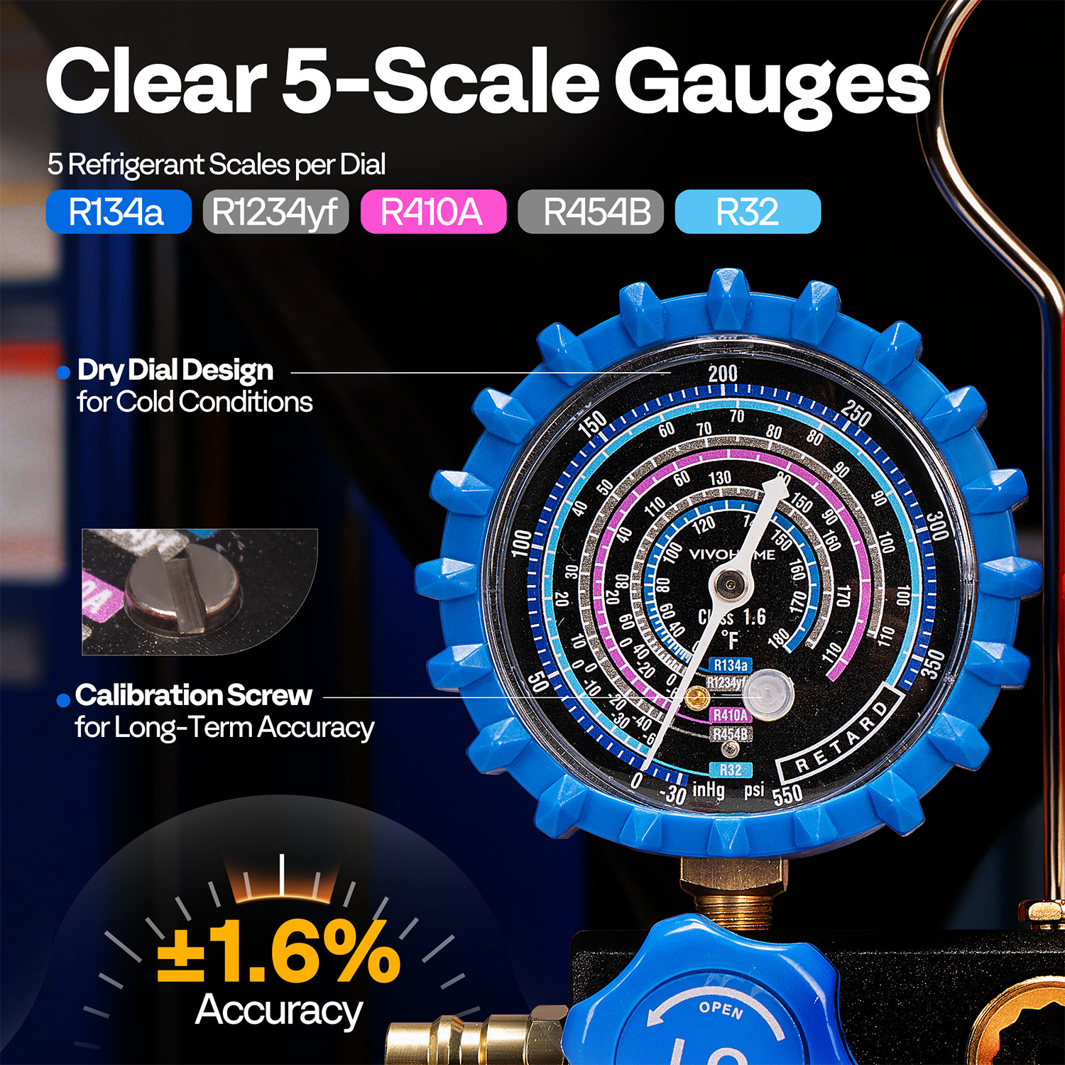 HVAC Manifold Gauge Set R134a R1234yf R410A R454B R32 AC Gauges w/ 5ft Hoses Kit