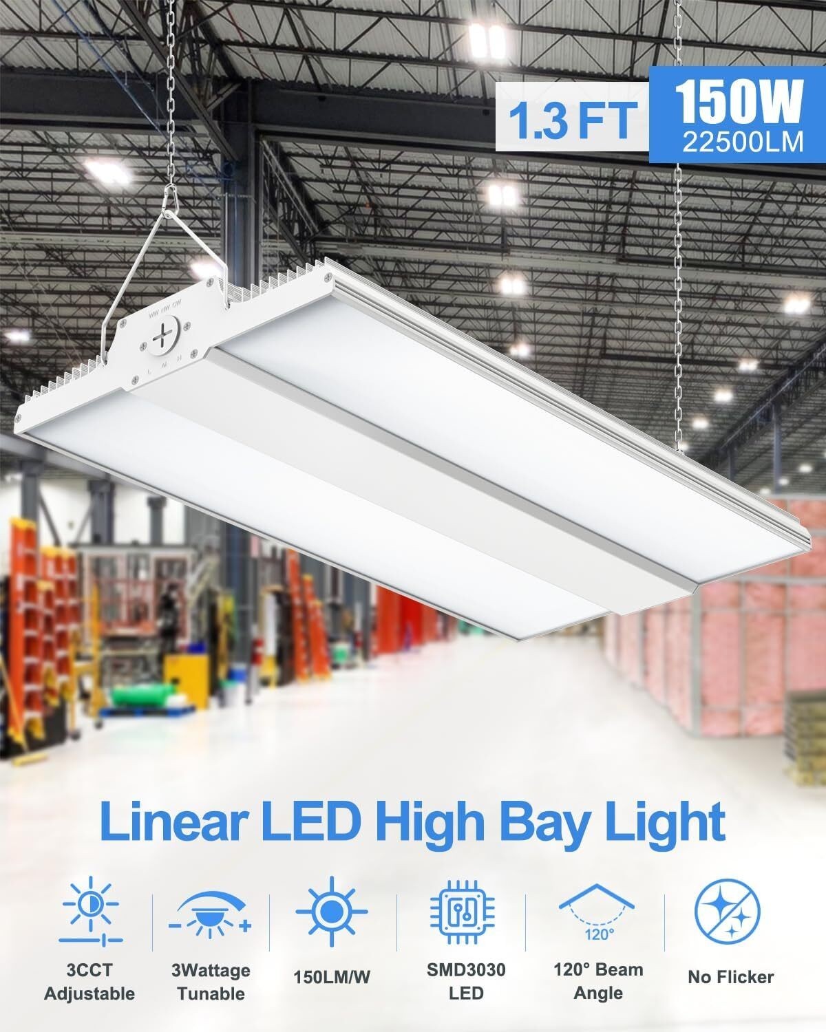 LED Linear High Bay Shop Light 4.5/5/5.7K 100-277V Hanging Lamp 90W 150W 120W